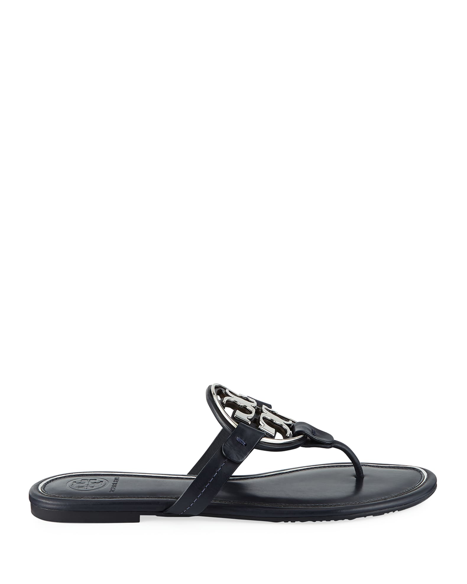 Tory Burch Miller Flat Metal Logo Slide Sandals | Neiman Marcus