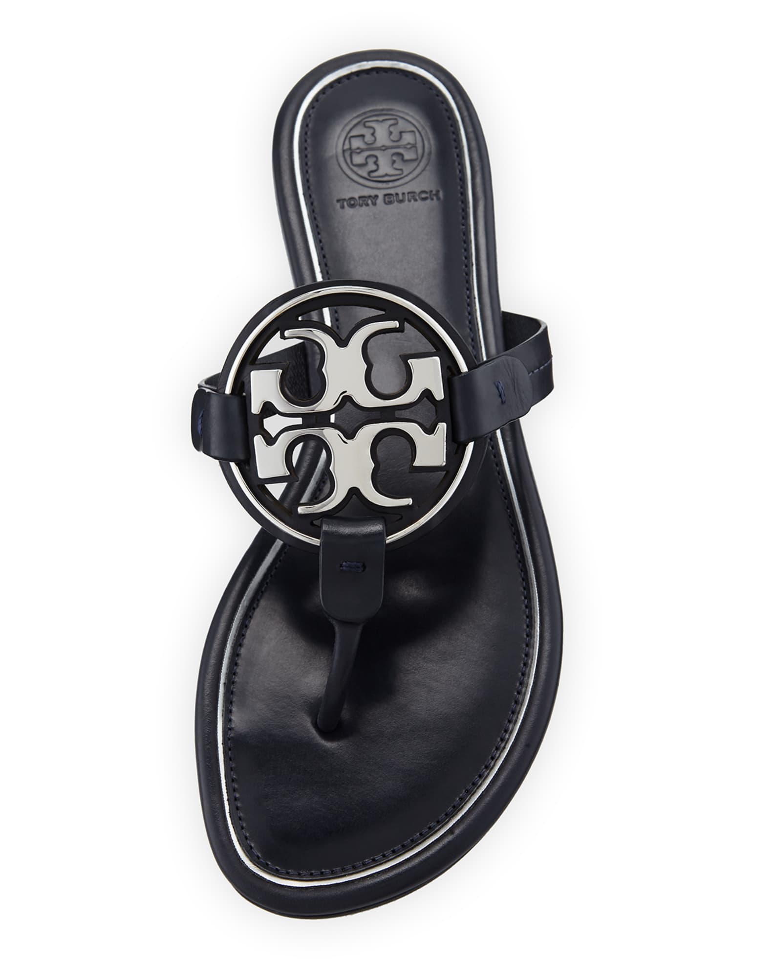 Tory Burch Miller Flat Metal Logo Slide Sandals | Neiman Marcus