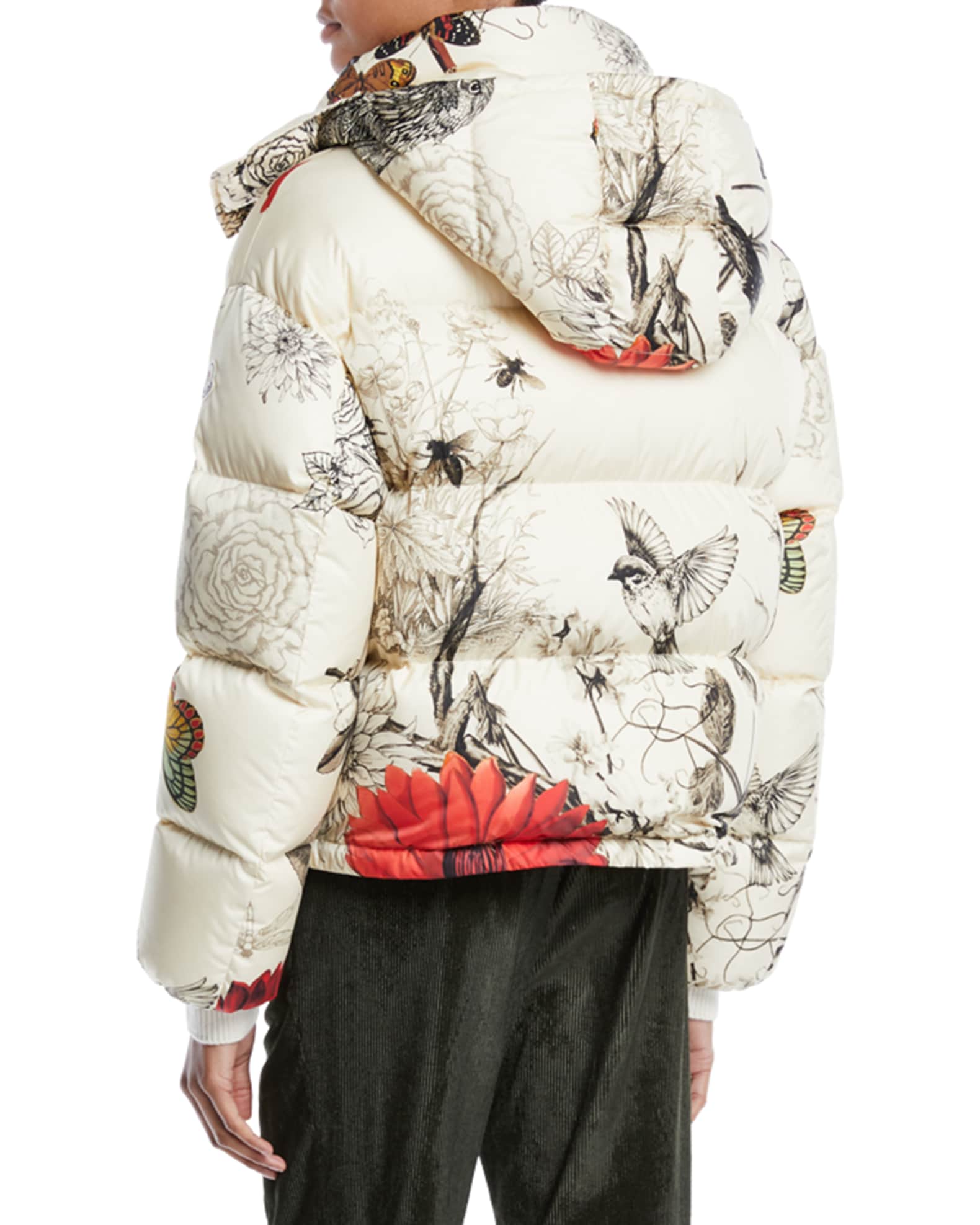 Caille Floral-Print Puffer Jacket w/ Removable Hood and Matching