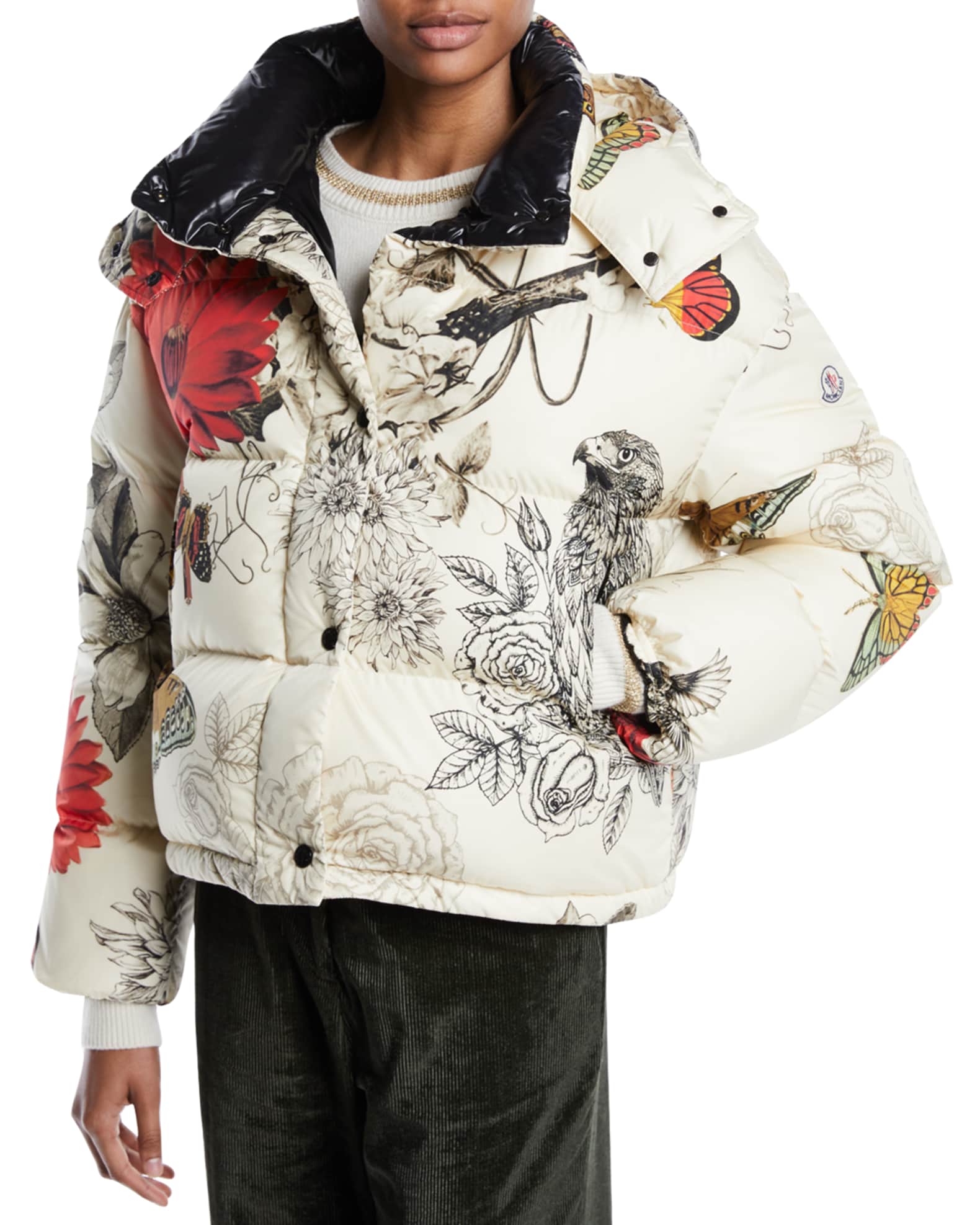 MONCLER フローラルプリントジャケット Caille Floral-Print Puffer Jacket w/ Removable Hood and Matching