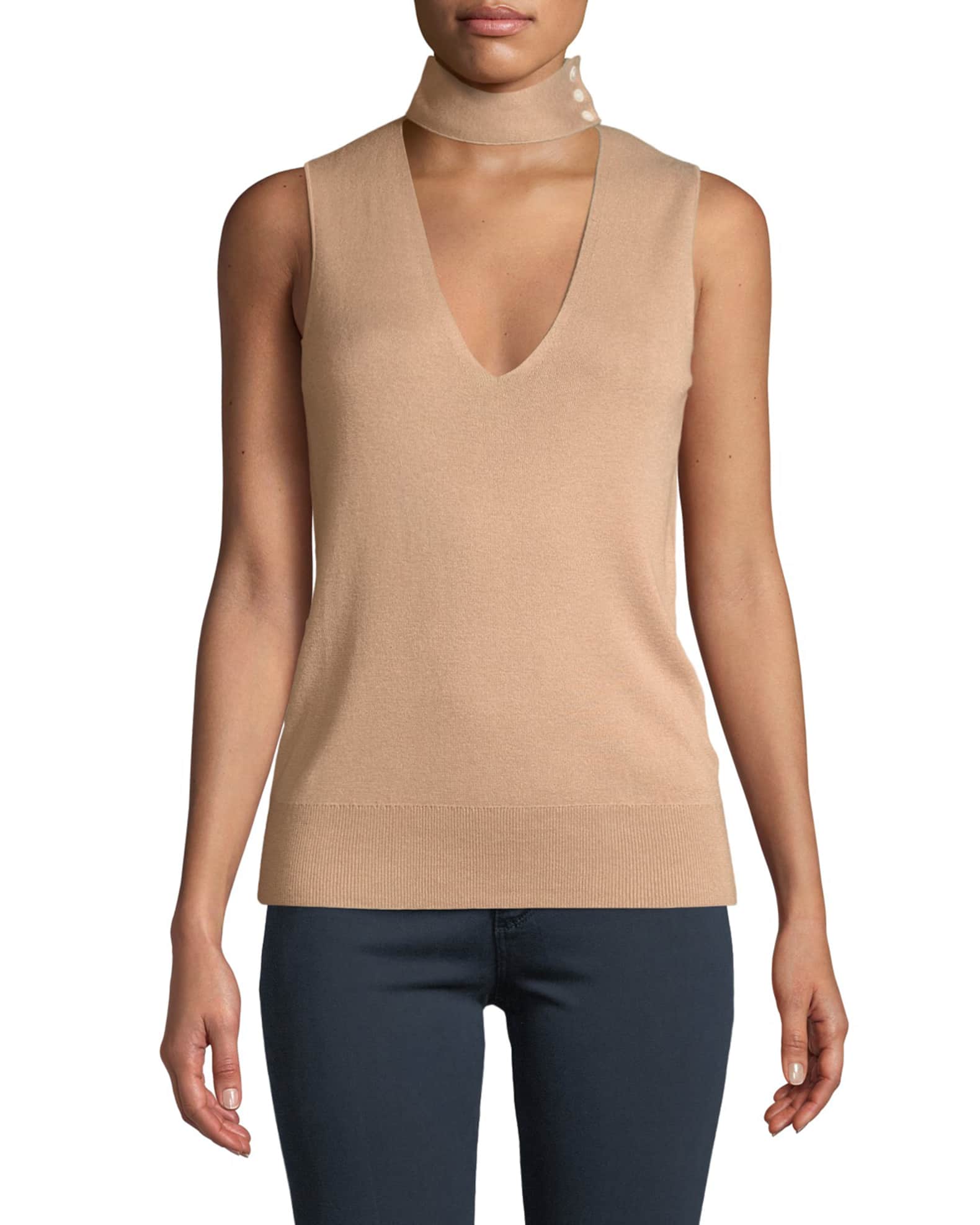 Choker Collar V Neck Sleeveless Fine Silk Cashmere Top