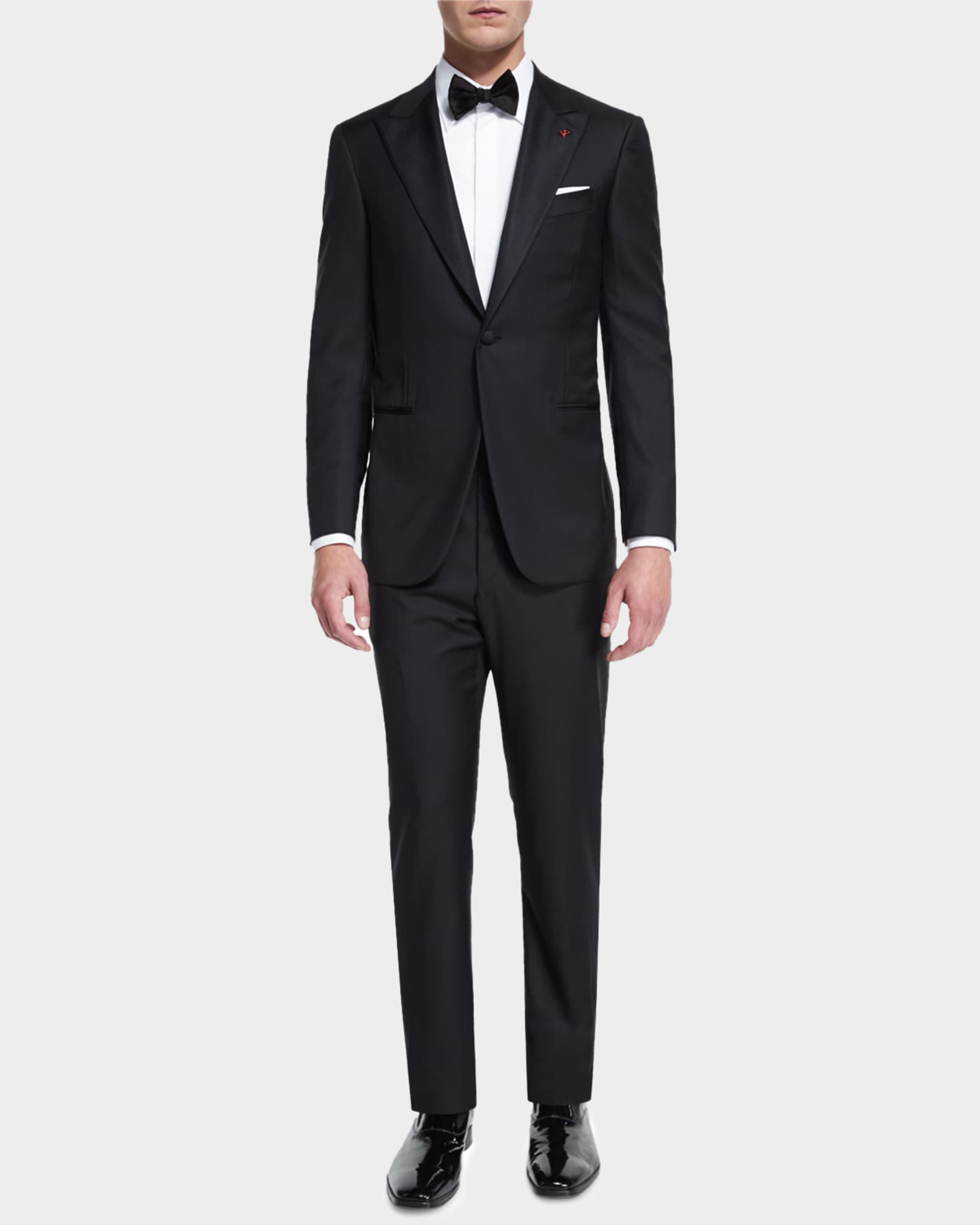 Isaia Satin Peak-Lapel One-Button Wool Tuxedo, Black | Neiman Marcus