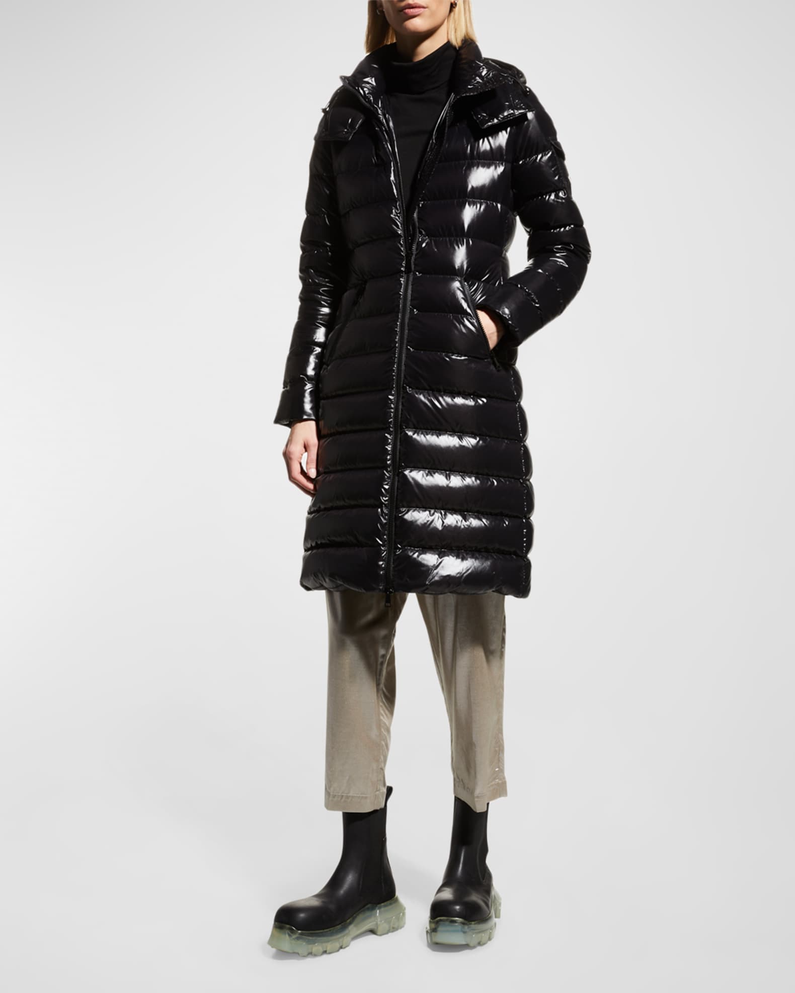 Moncler Moka Shiny Fitted Puffer Coat with Hood | Neiman Marcus