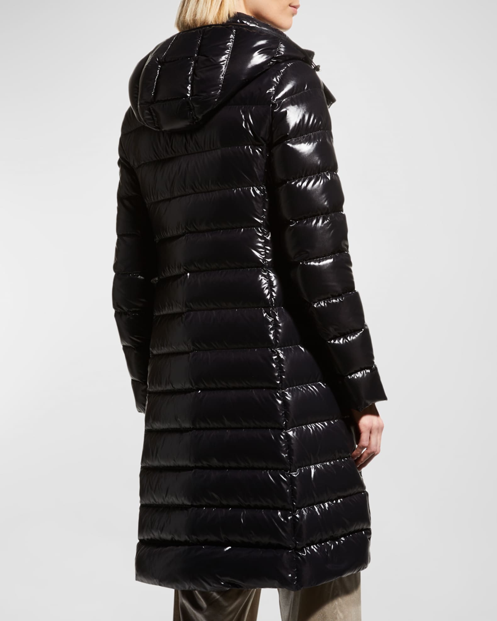 Moncler Moka Shiny Fitted Puffer Coat with Hood Neiman Marcus