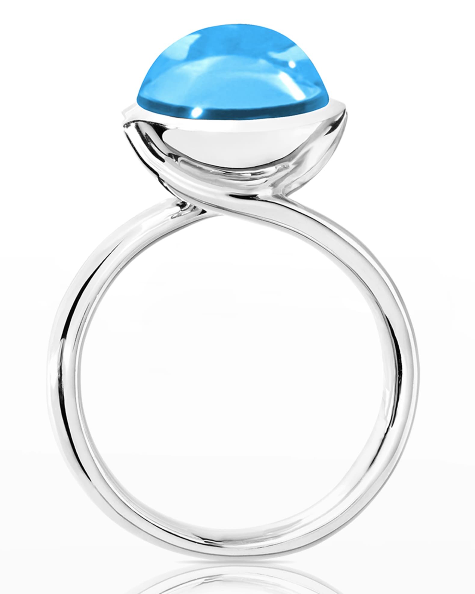 Bouton 11mm Swiss Blue Topaz Cabochon Ring in 18k White Gold, Size 7 1