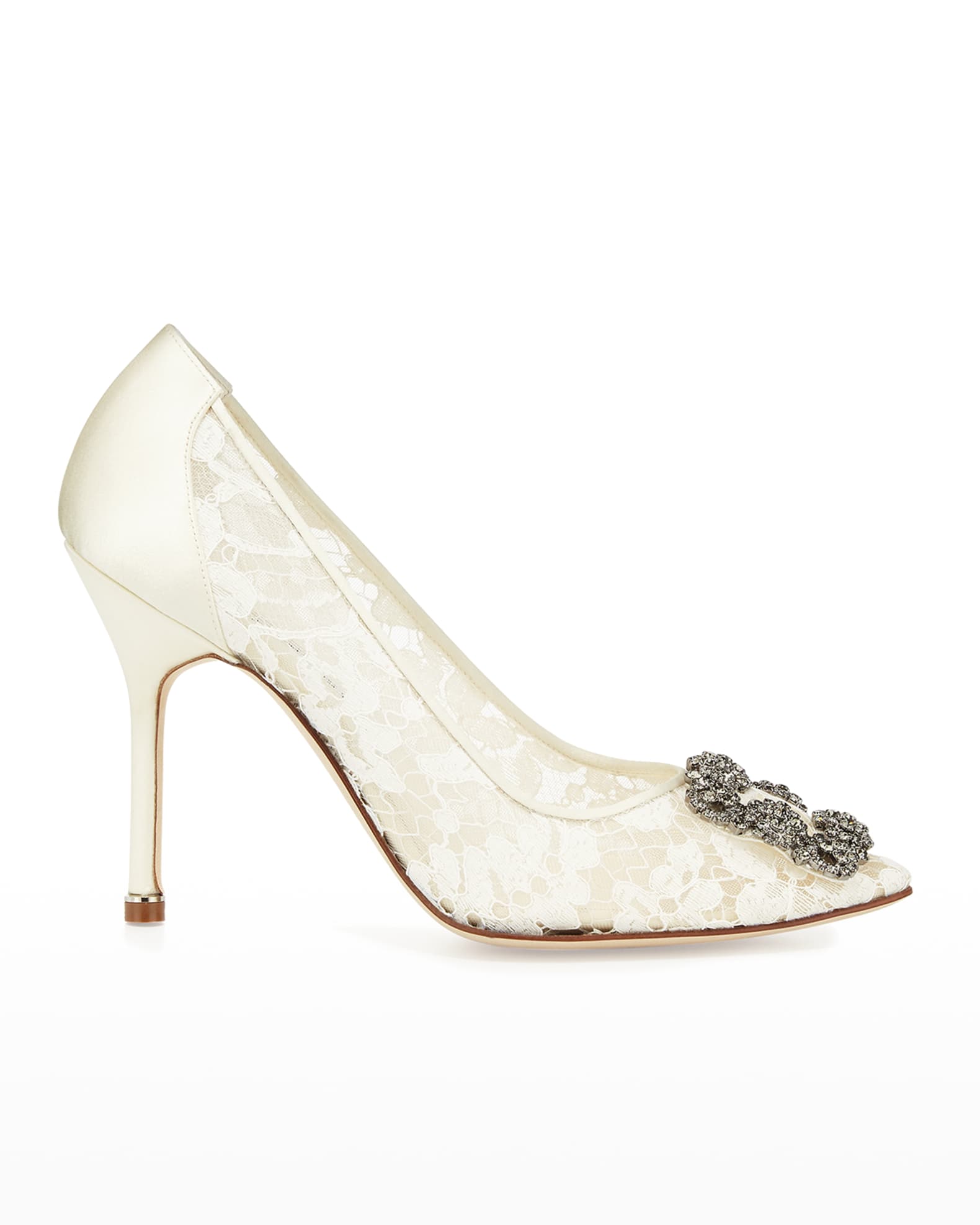 Manolo Blahnik Hangisi Floral Lace Crystal-Toe Pumps | Neiman Marcus