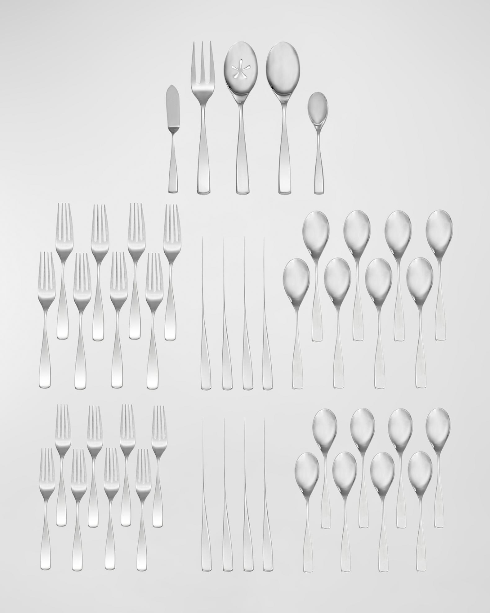 thumbnail interactive-video image 1 of Nambé Aura 45-Piece Stainless Steel Flatware Set – Service For 8, Brushed Finish, Modern 1 of 5