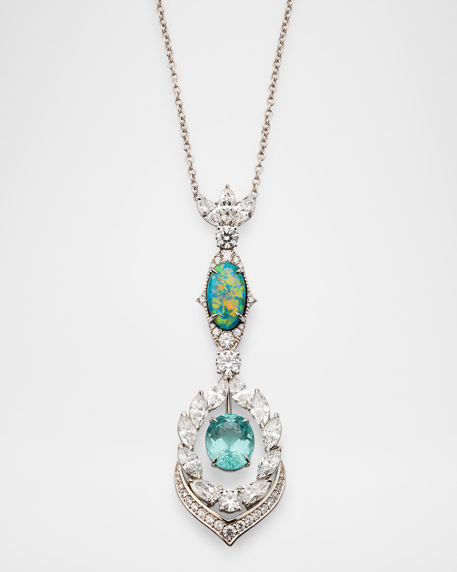 Platinum Diamond, Paraiba Tourmaline, and Black Opal Necklace  0