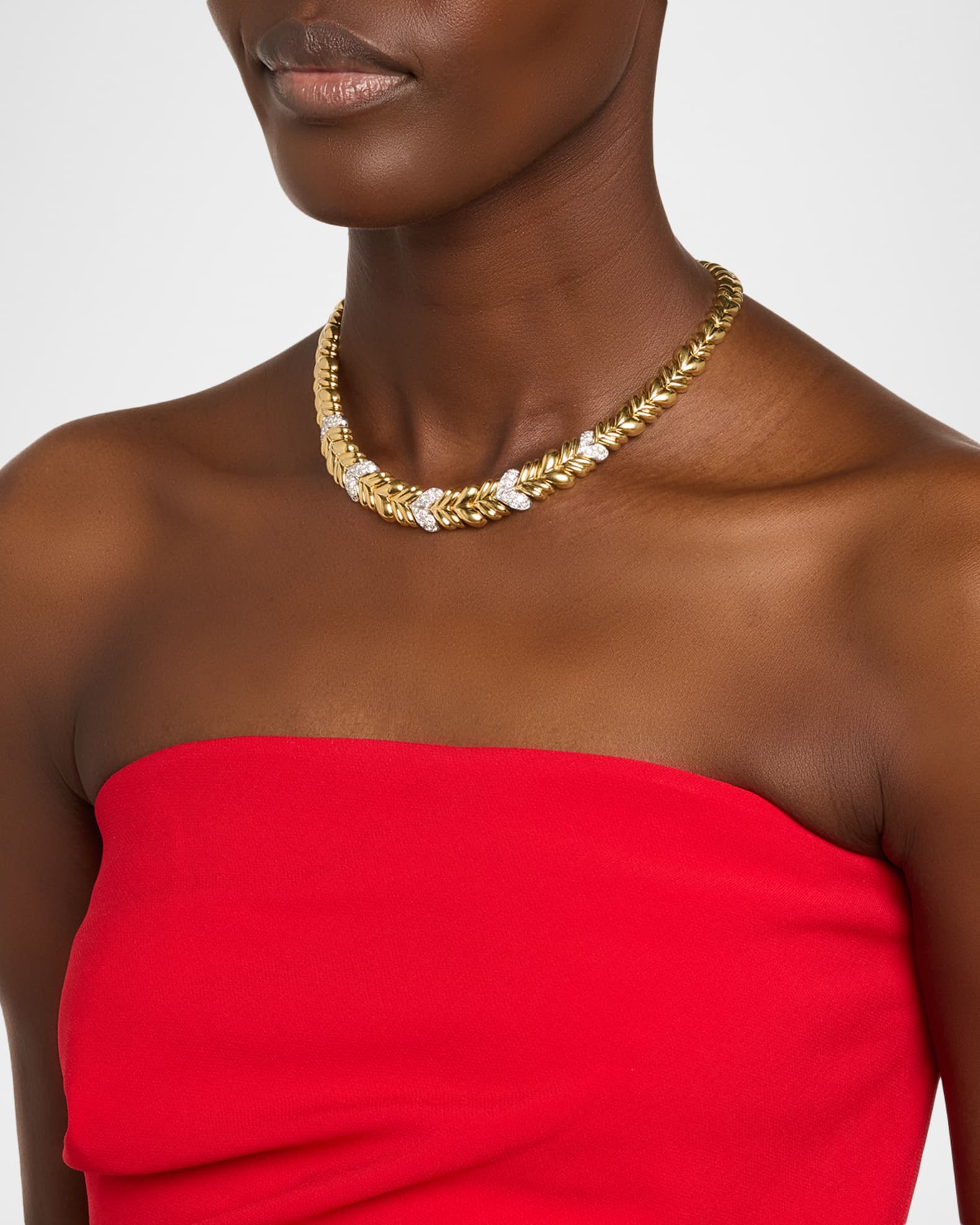 Estate 18K Yellow Gold and White Gold Tapered Corrugated Puff Necklace with Diamonds 1