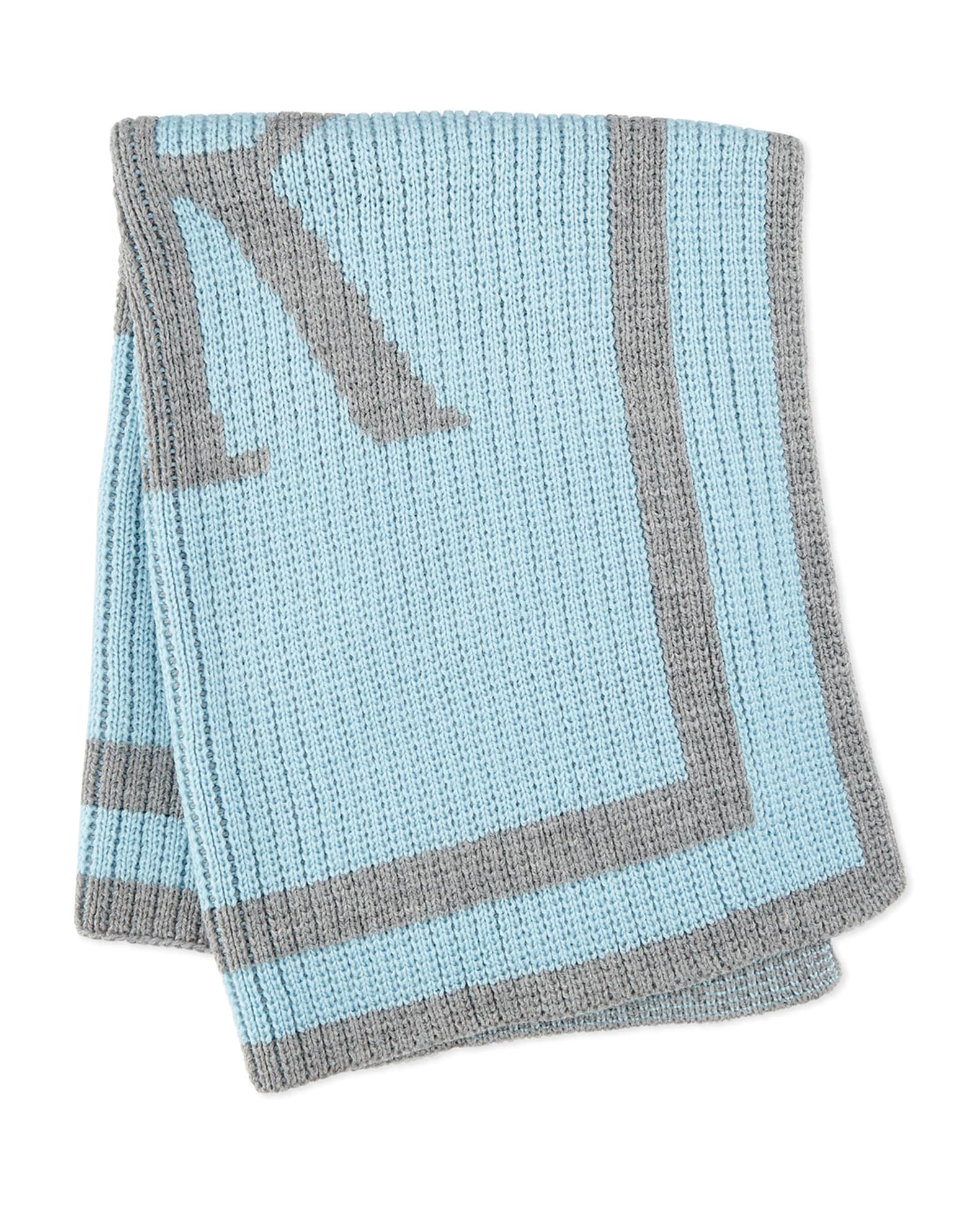 Monogrammed Knit Striped-Trim Baby Blanket, Light Blue 1