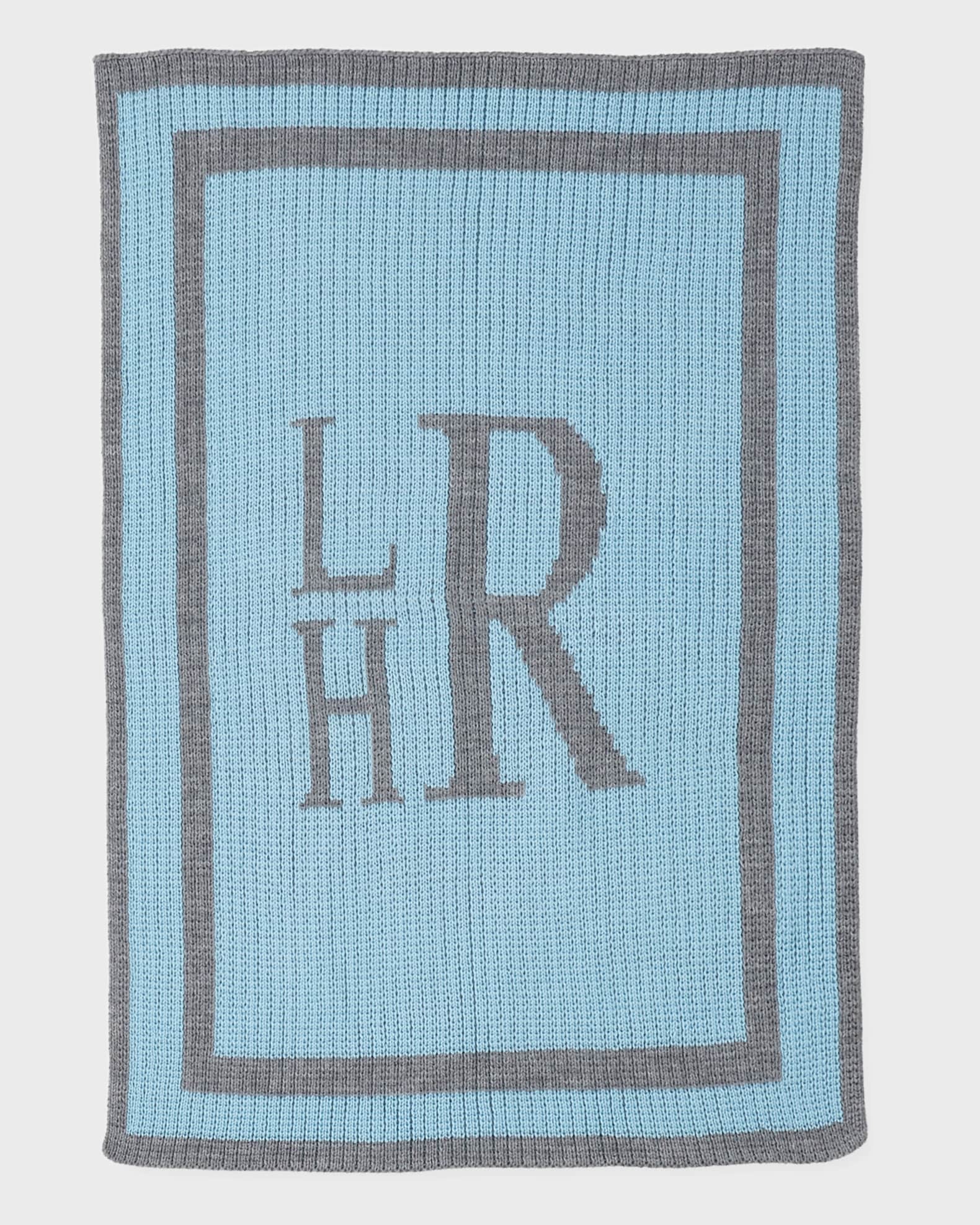 Monogrammed Knit Striped-Trim Baby Blanket, Light Blue 0