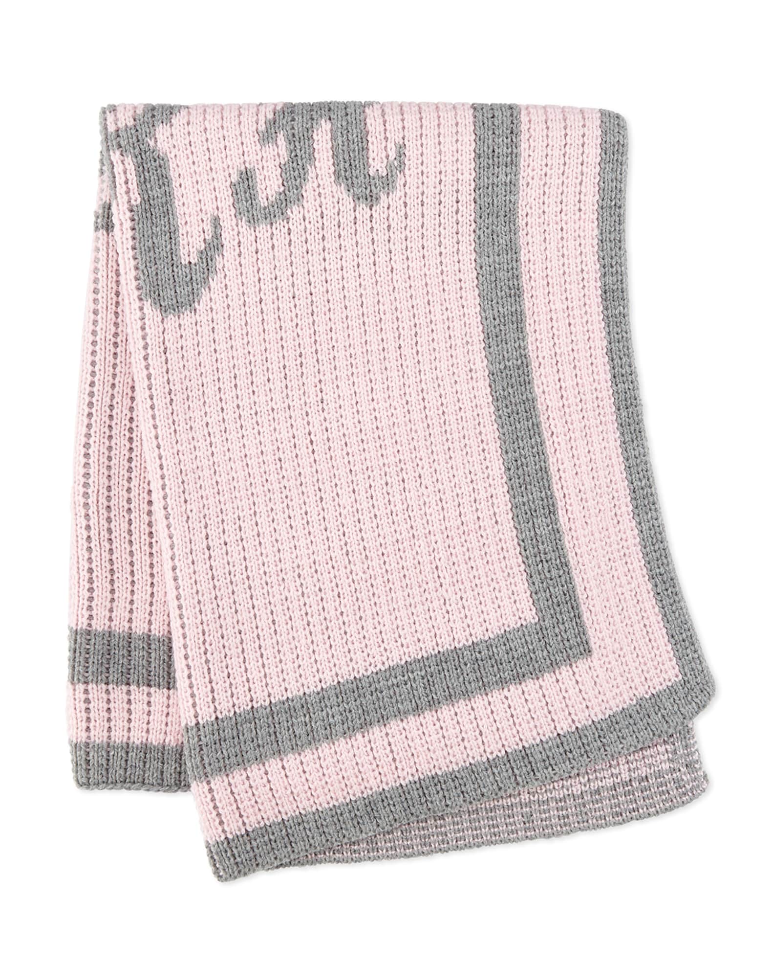 Monogram Knit Striped-Trim Baby Blanket, Pink 1