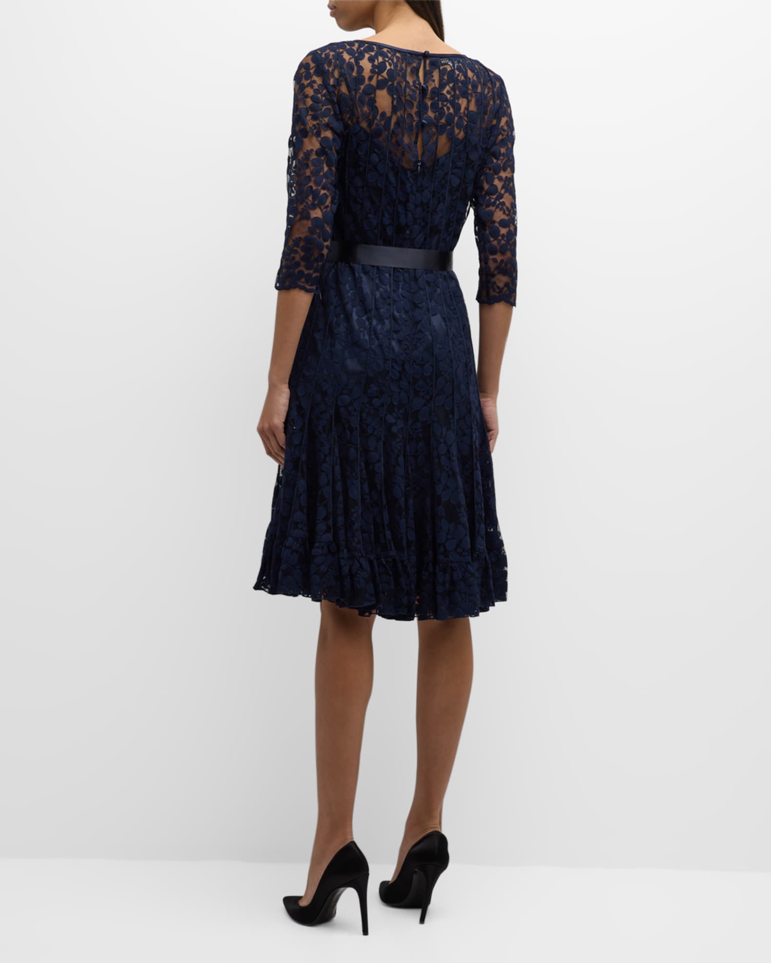 Chiffon overlay navy three quarter sleeve lace dress sales