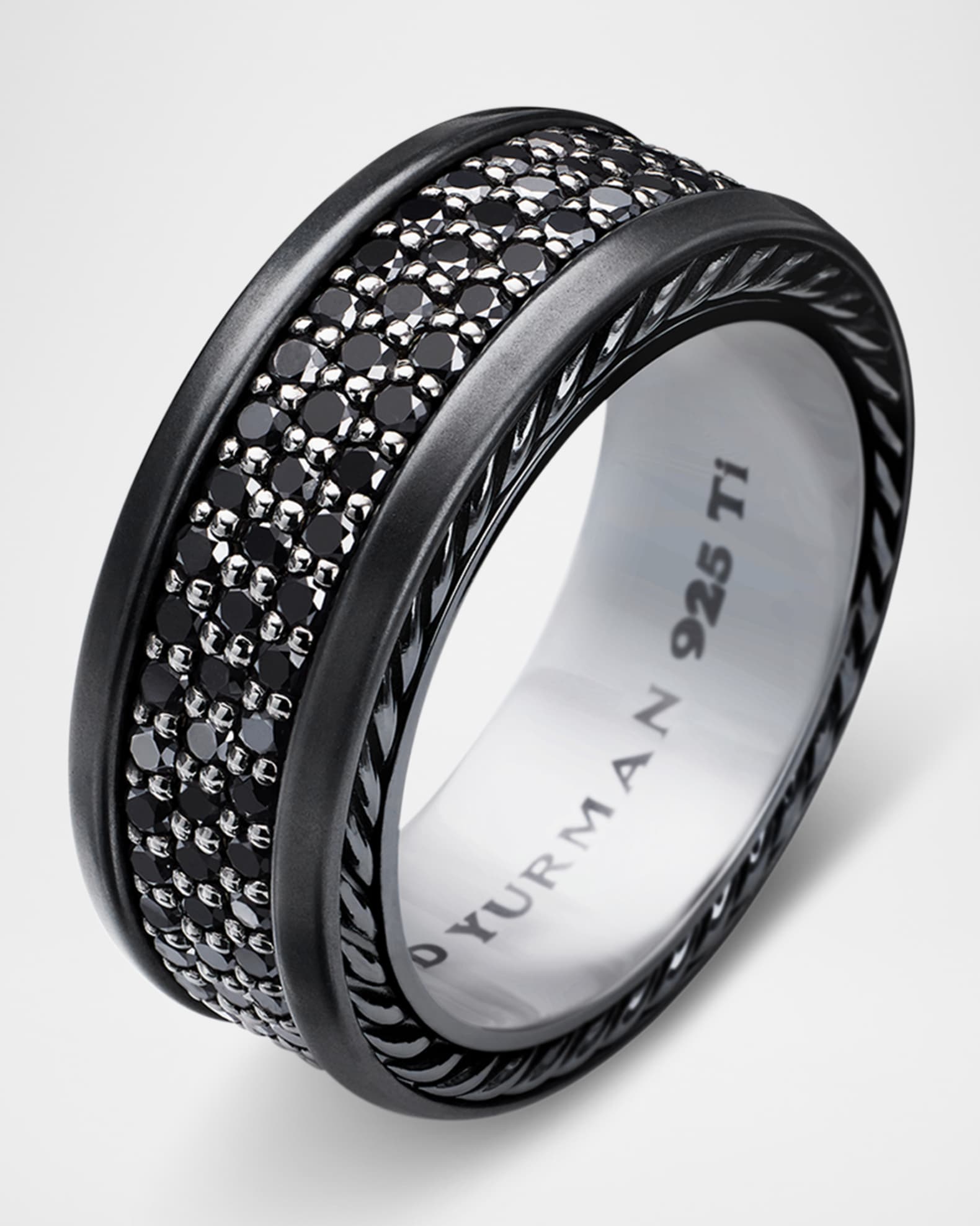 David Yurman Men s Streamline Three Row Band Ring with Black Diamonds in Black Titanium and Silver 9mm Neiman Marcus