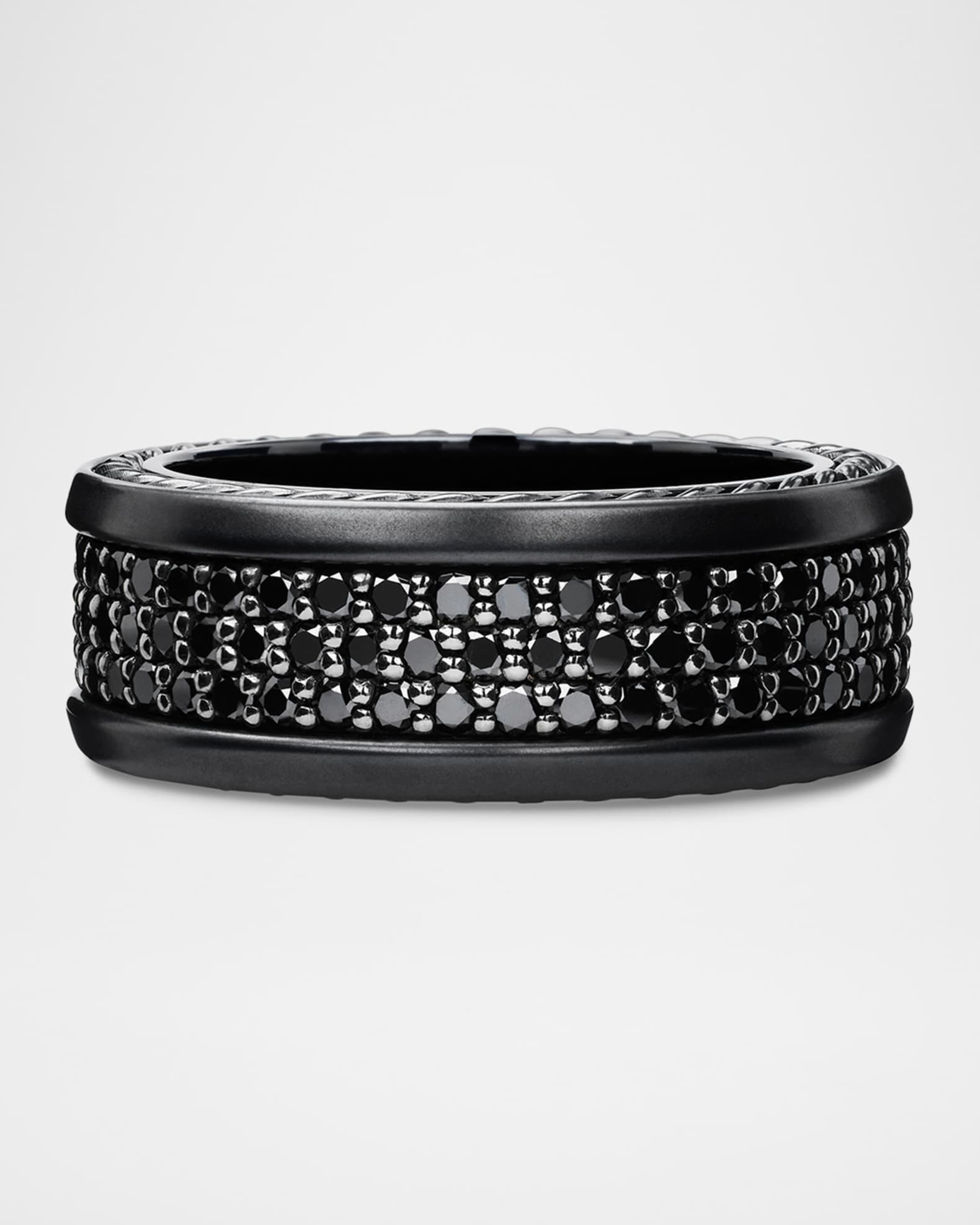 Men s Streamline Three Row Band Ring with Black Diamonds in Black Titanium and Silver 9mm