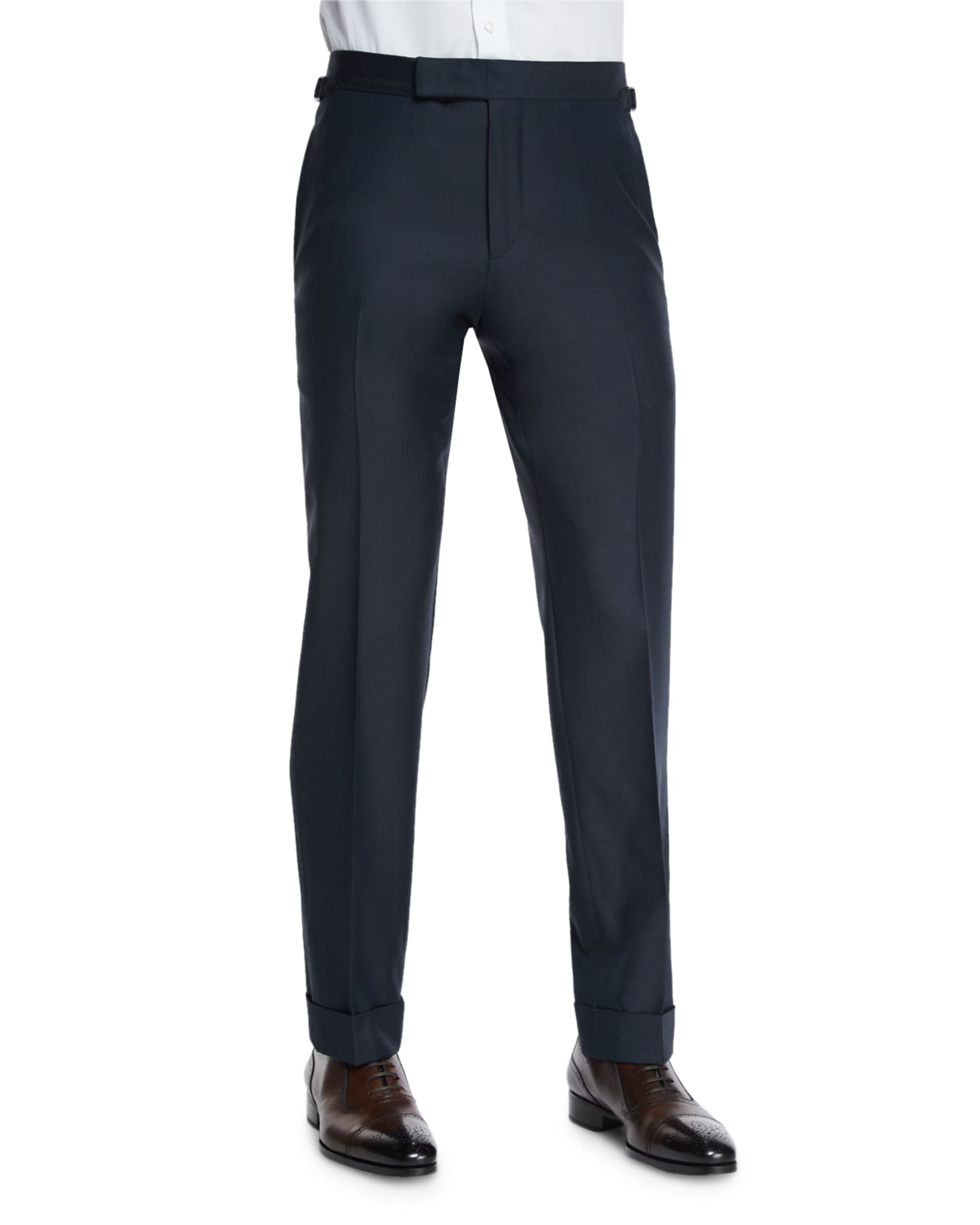 TOM FORD O'Connor Base Flat-Front Sharkskin Trousers, Navy | Neiman Marcus