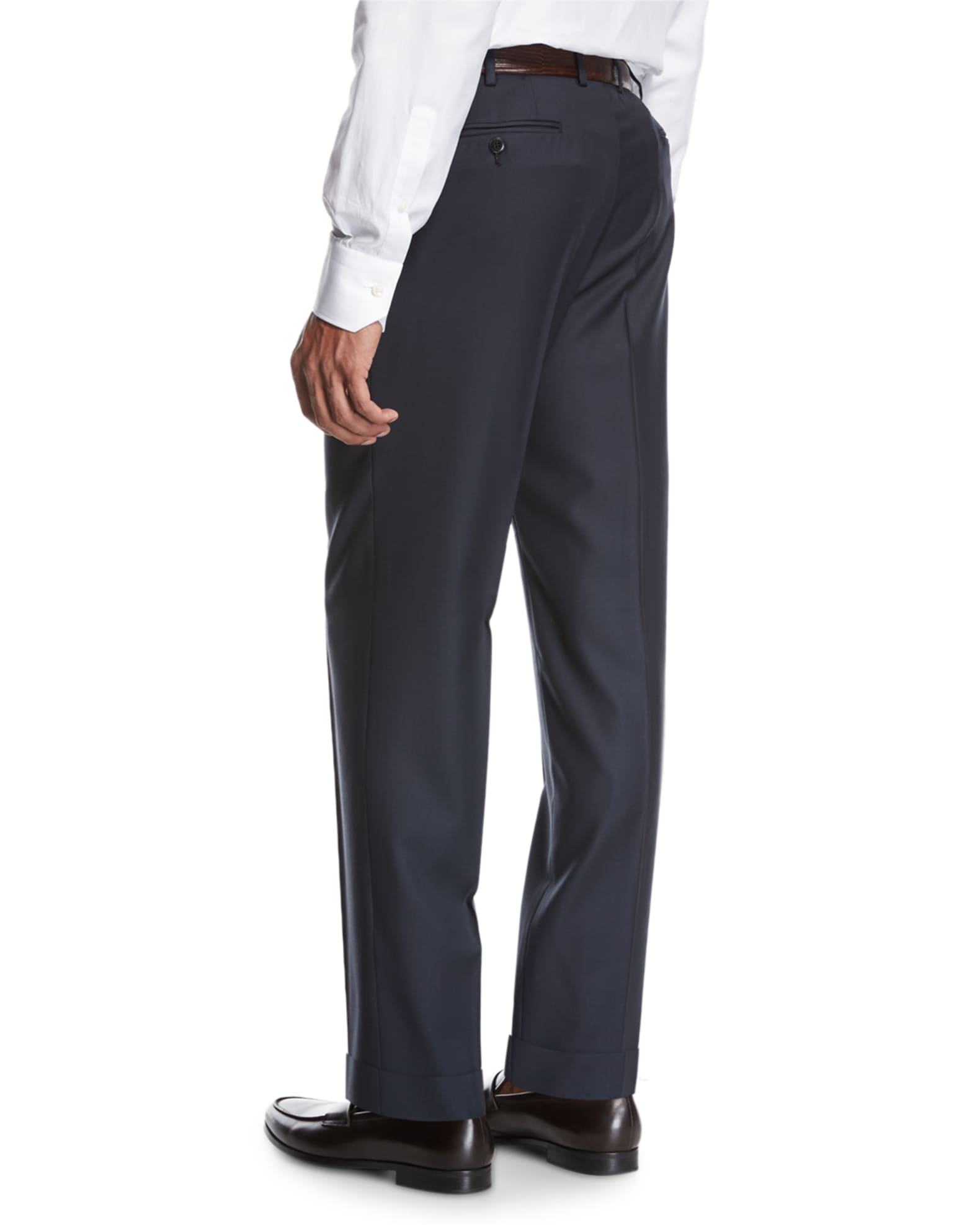 Wool Flat-Front Trousers, Navy 1