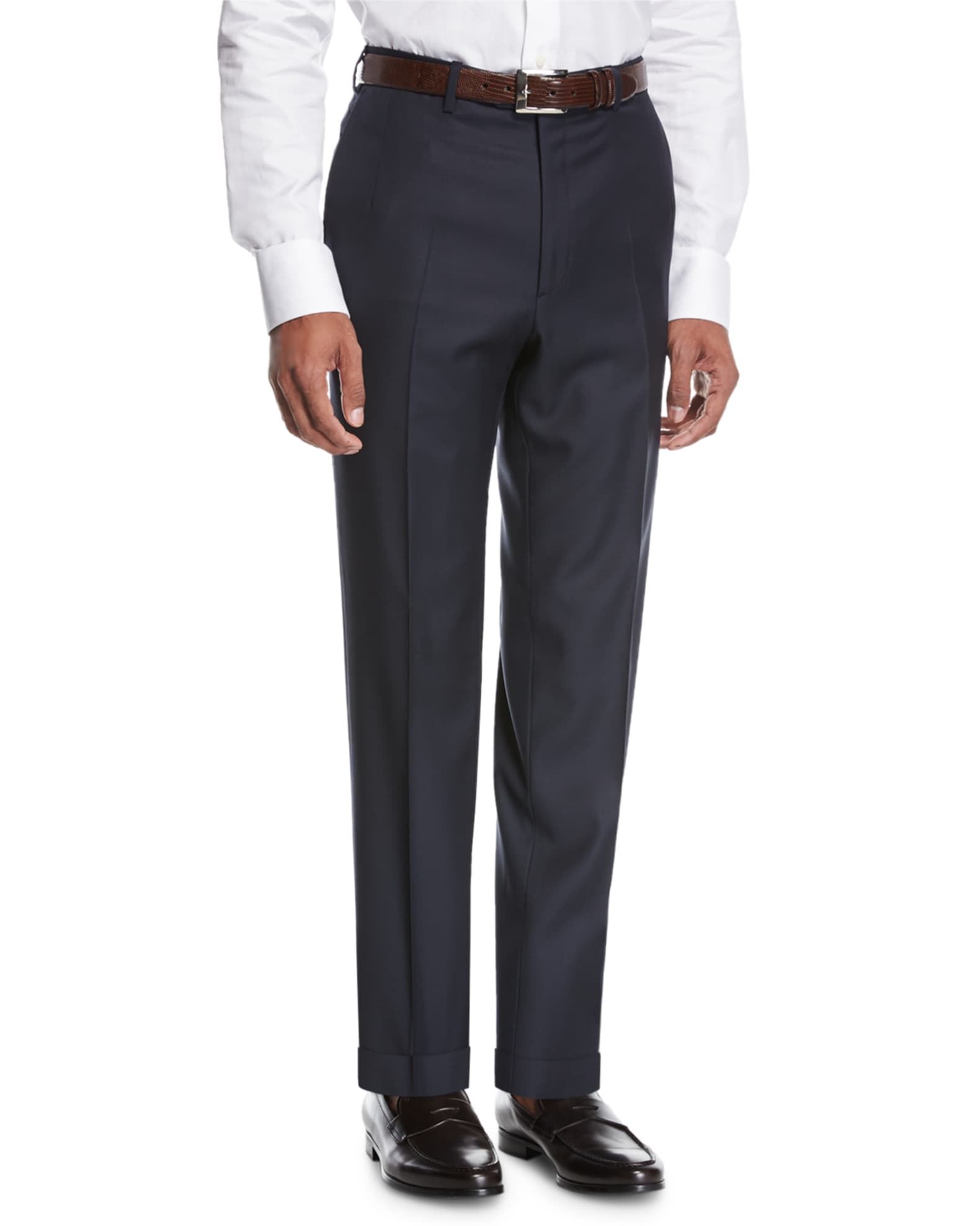 Wool Flat-Front Trousers, Navy 0