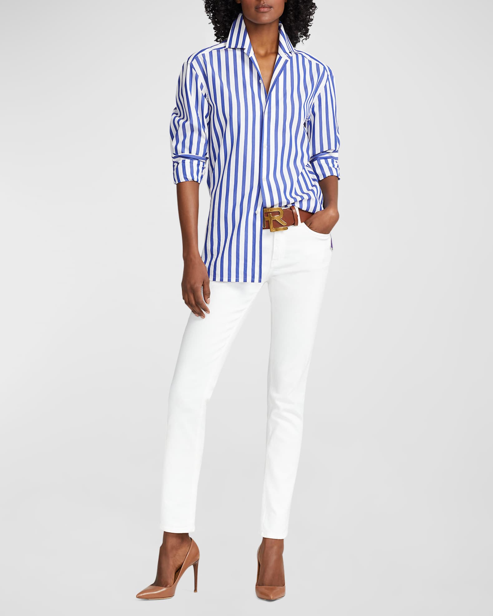 Ralph Lauren Collection Women's Capri Striped Button-Up Shirt - White Classic Blue - Size 12