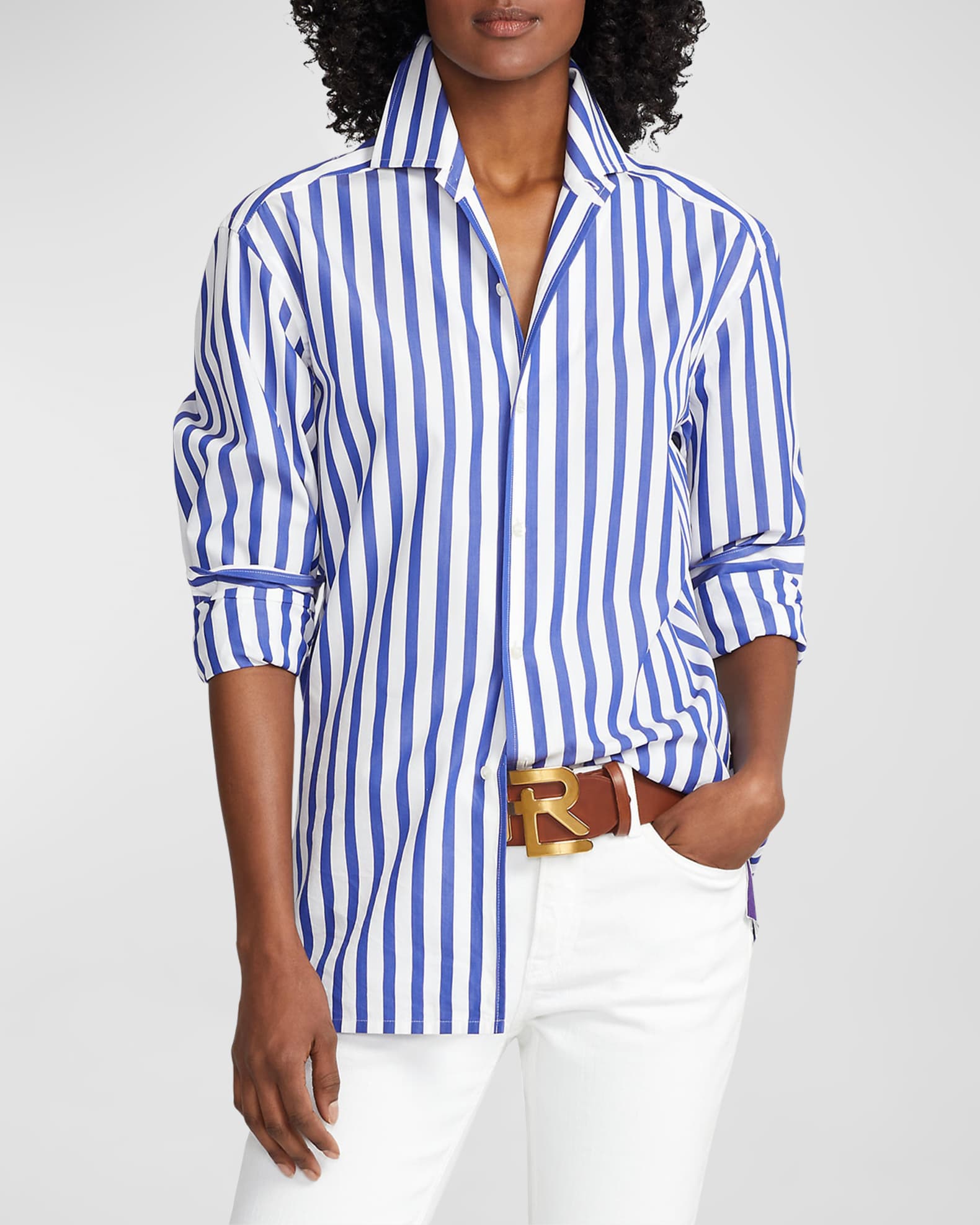 Ralph Lauren Collection Women's Capri Striped Cotton Shirt in White/Classic Blue Size 10