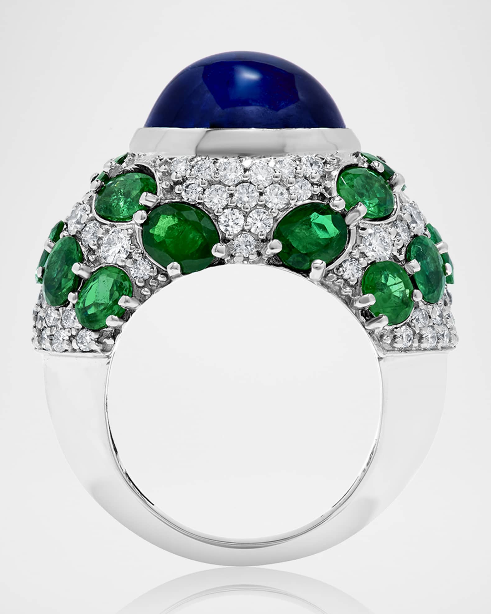 18K White Gold Emerald, Diamond and Blue Sapphire Ring 1