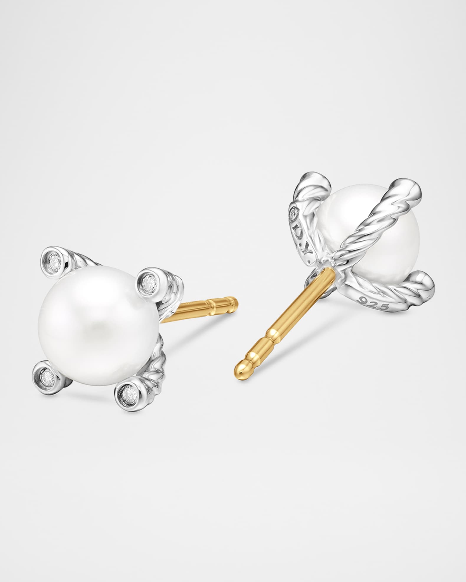 David Yurman Cable Collectibles Pearl Earrings with Diamonds and Silver 7mm Neiman Marcus