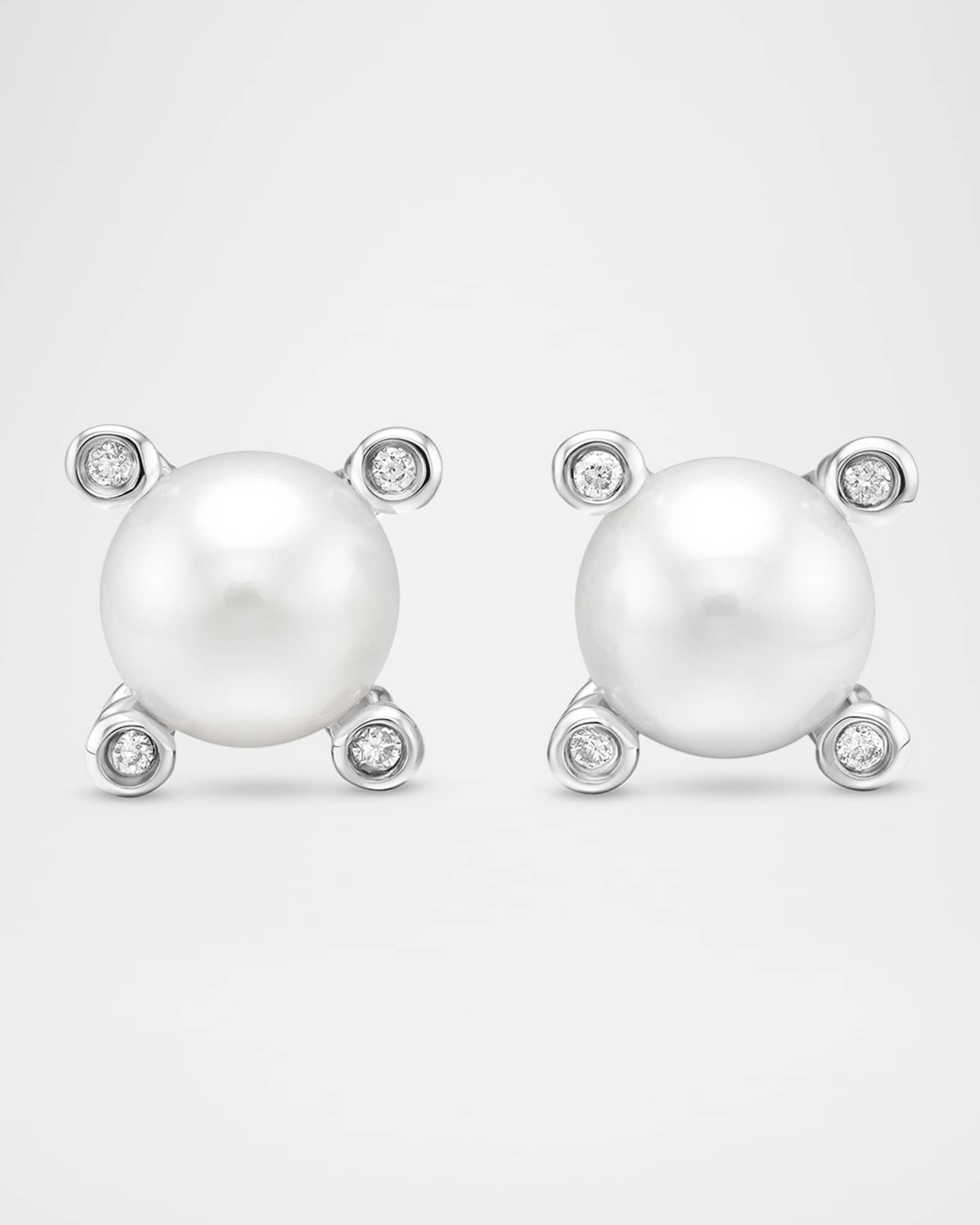 David Yurman Cable Collectibles Pearl Earrings with Diamonds and Silver 7mm Neiman Marcus