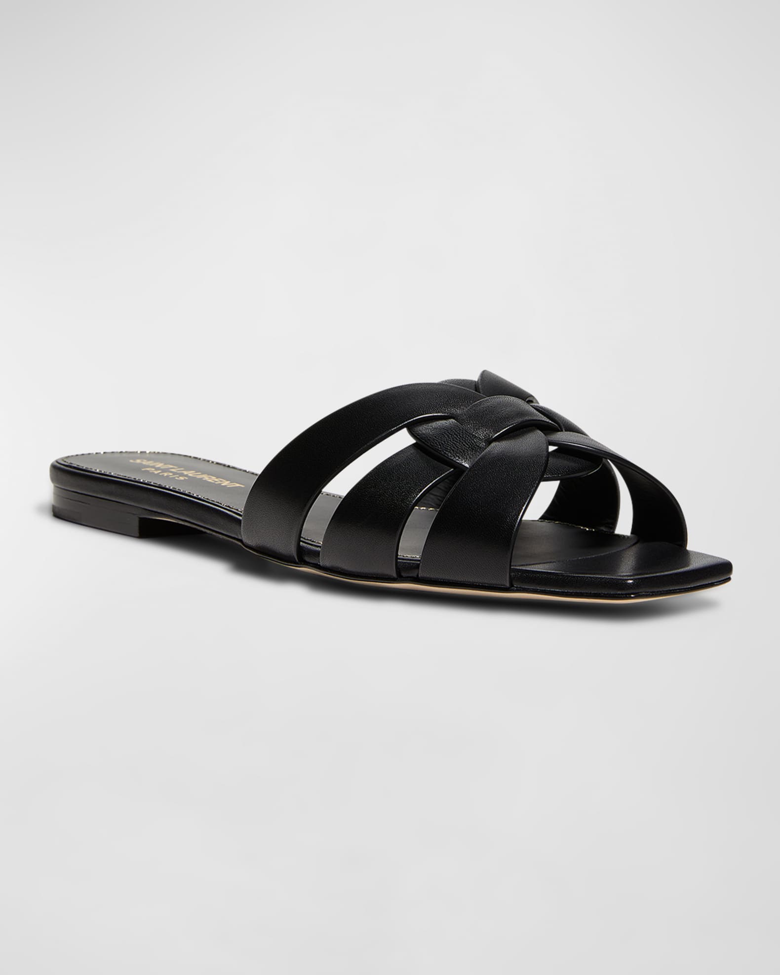 Saint Laurent Woven Leather Sandal Slide | Neiman Marcus