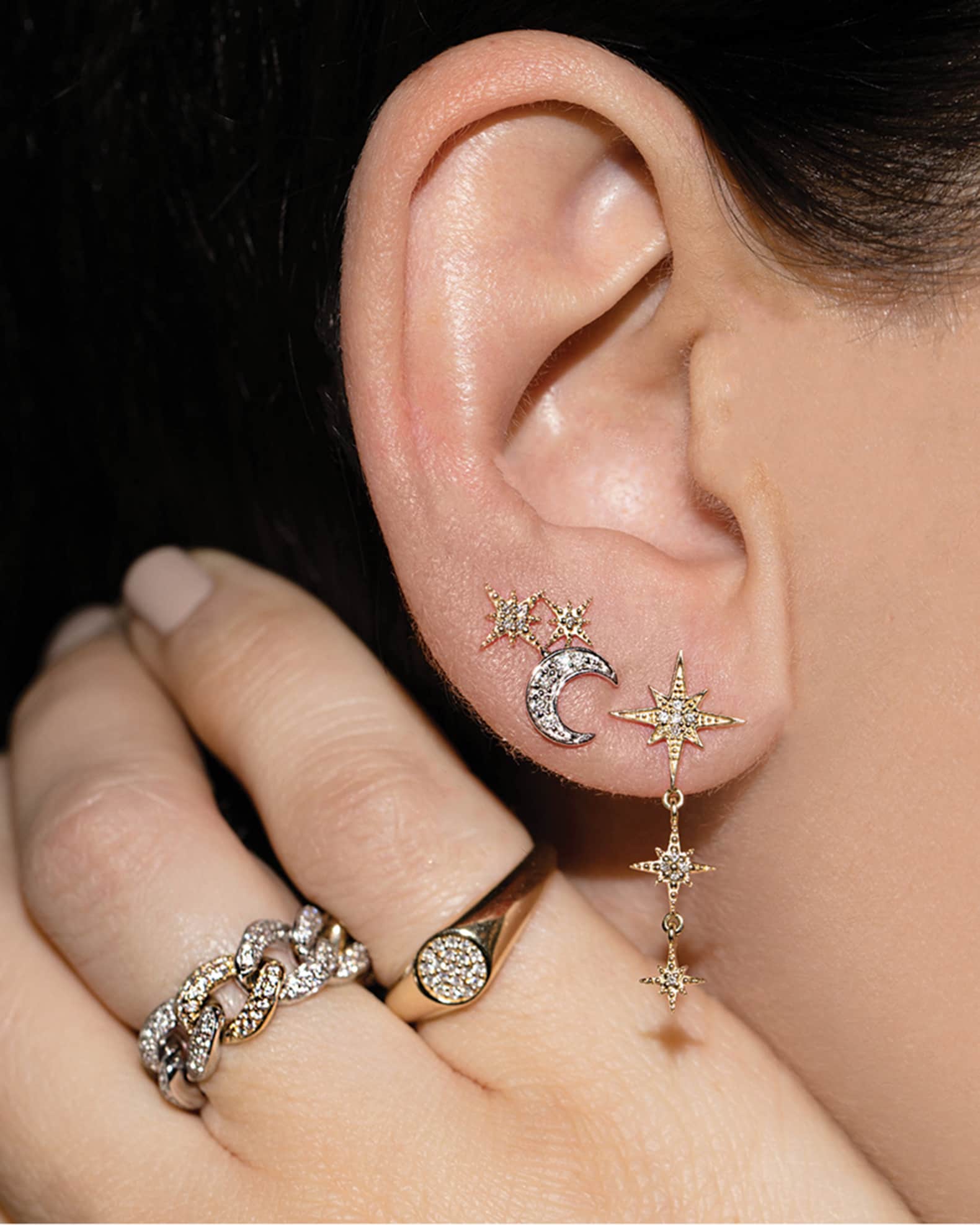 14k Pave Diamond Crescent Moon Single Stud Earring 1