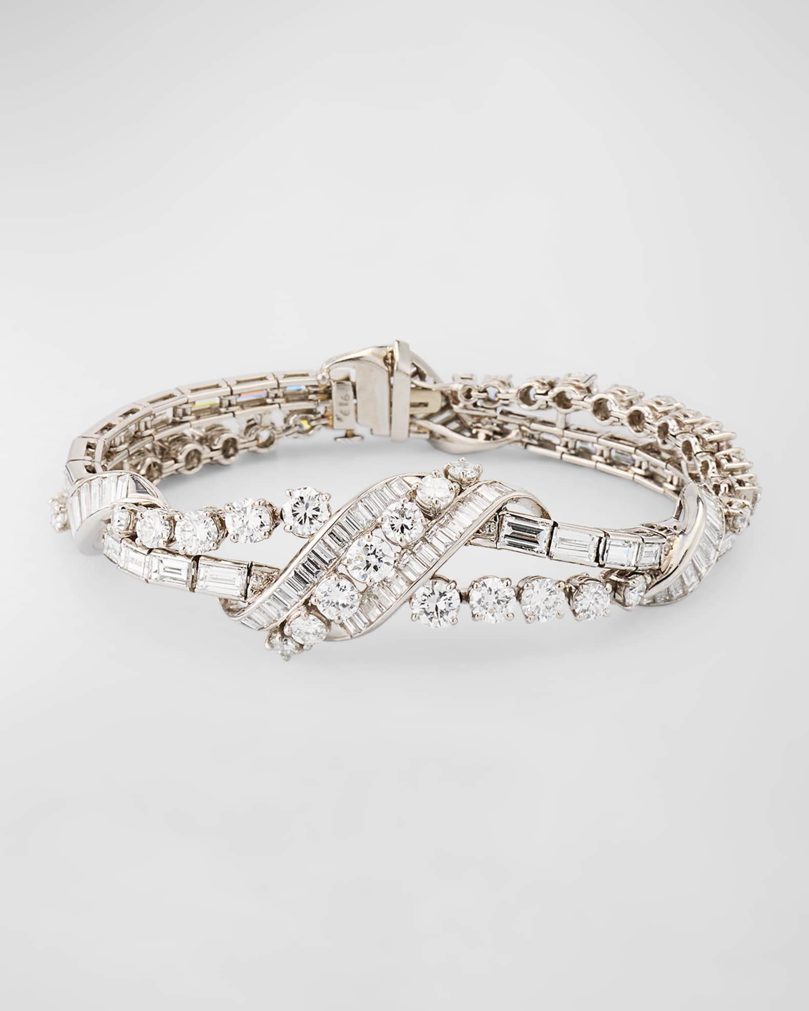 Estate Platinum Baguette and Round Diamond 2-Row Flexible Woven Bracelet 0