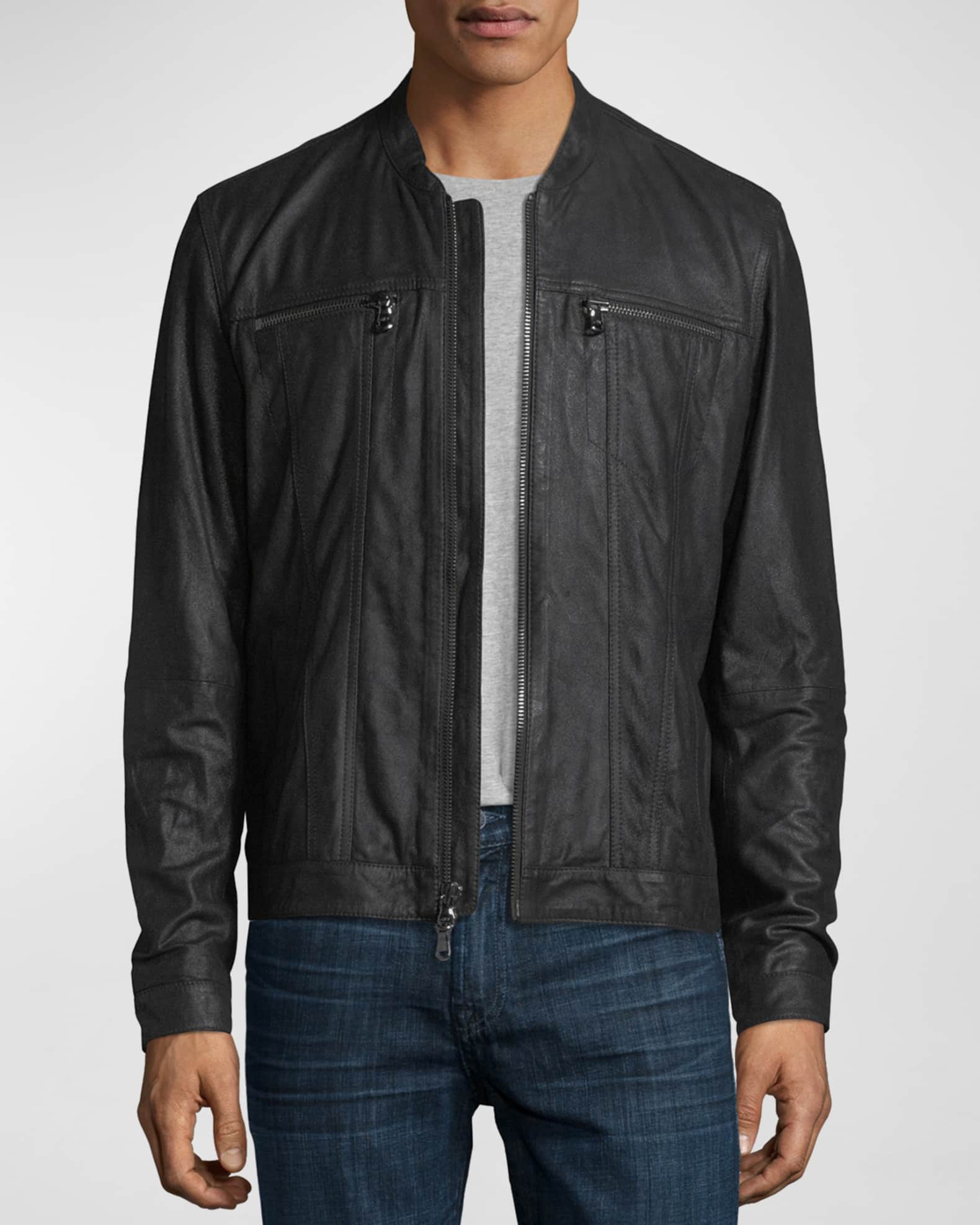 John Varvatos Band Collar Leather Jacket Black S
