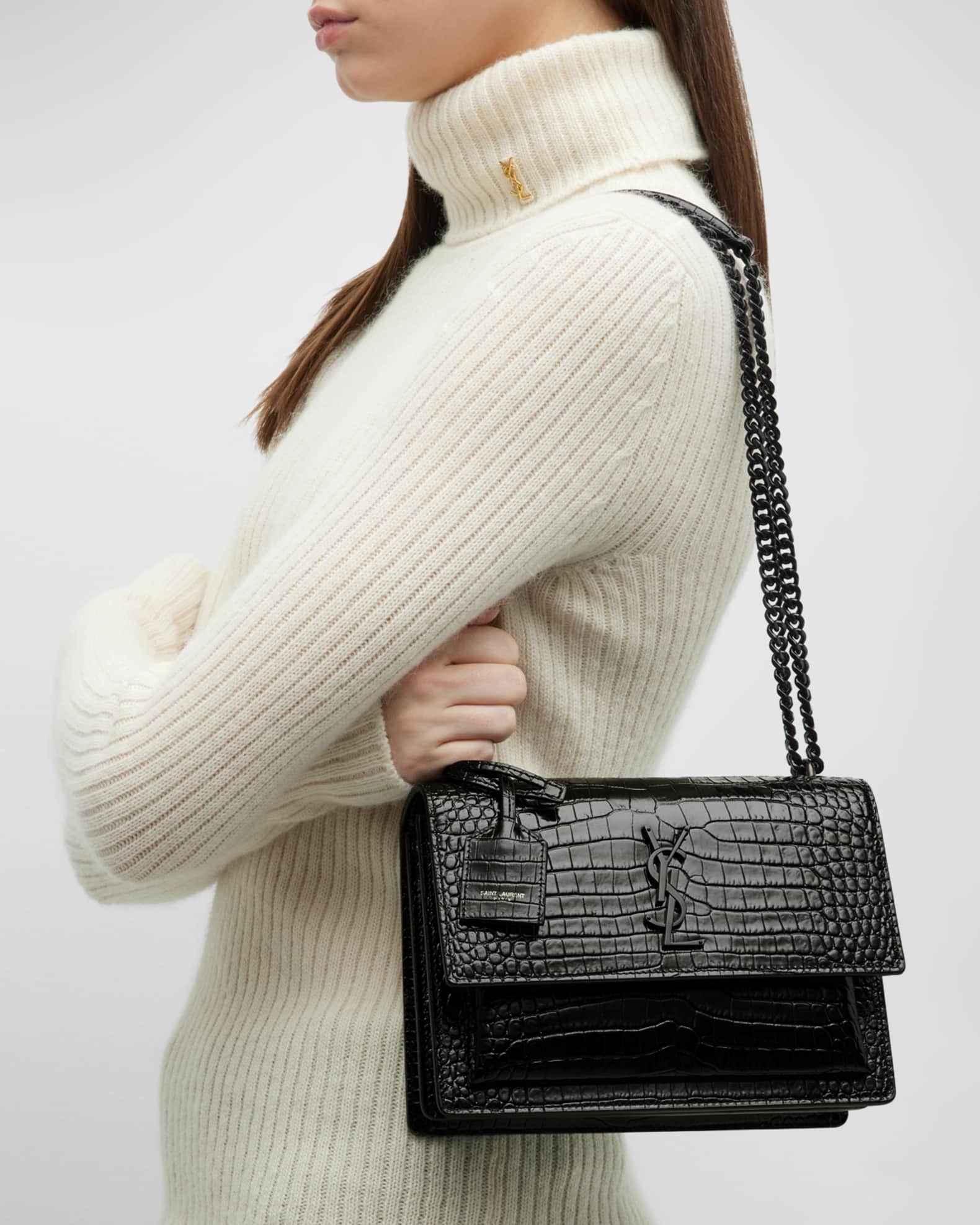 Saint Laurent Sunset Medium YSL Crossbody Bag in Croc Emboassed Leather Neiman Marcus