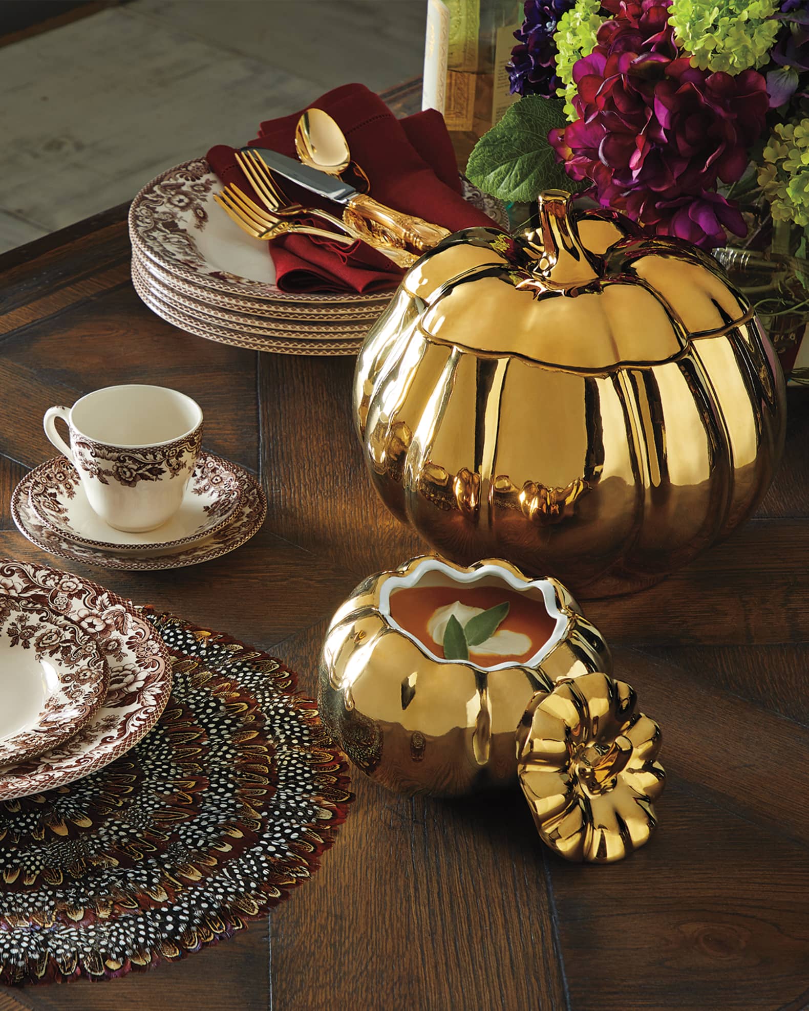 Large Pumpkin Serving Bowl with Lid and Matching Items Neiman Marcus