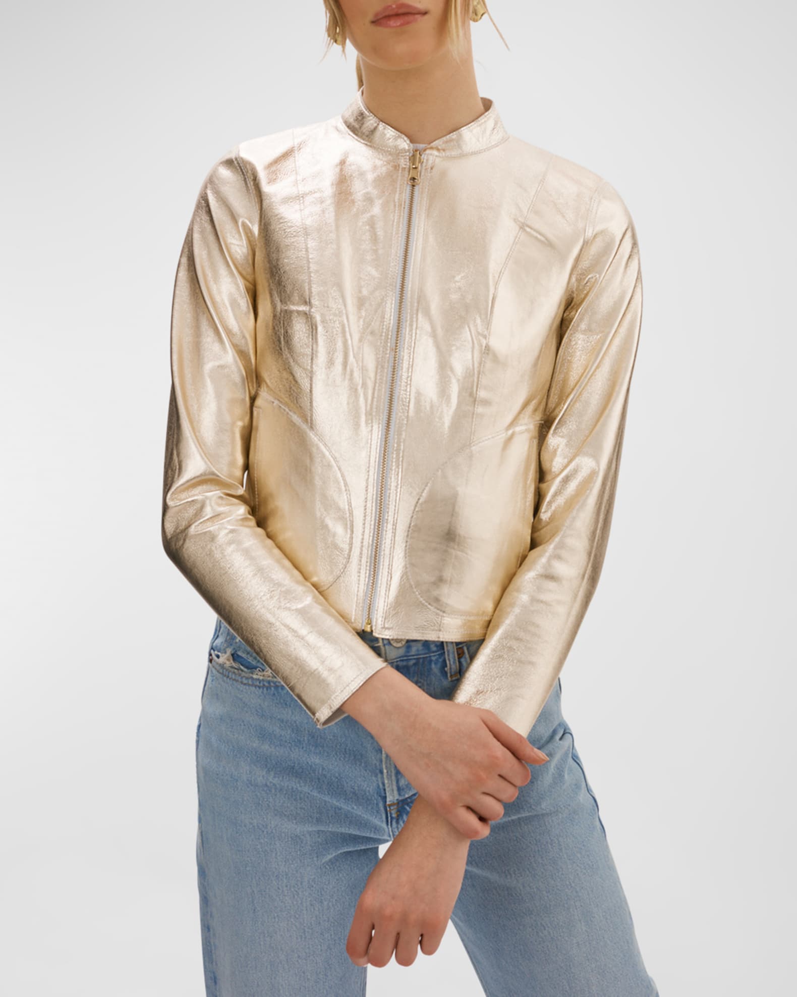 Reversible Zip-Front Lamb Leather Metallic Bomber Jacket 0