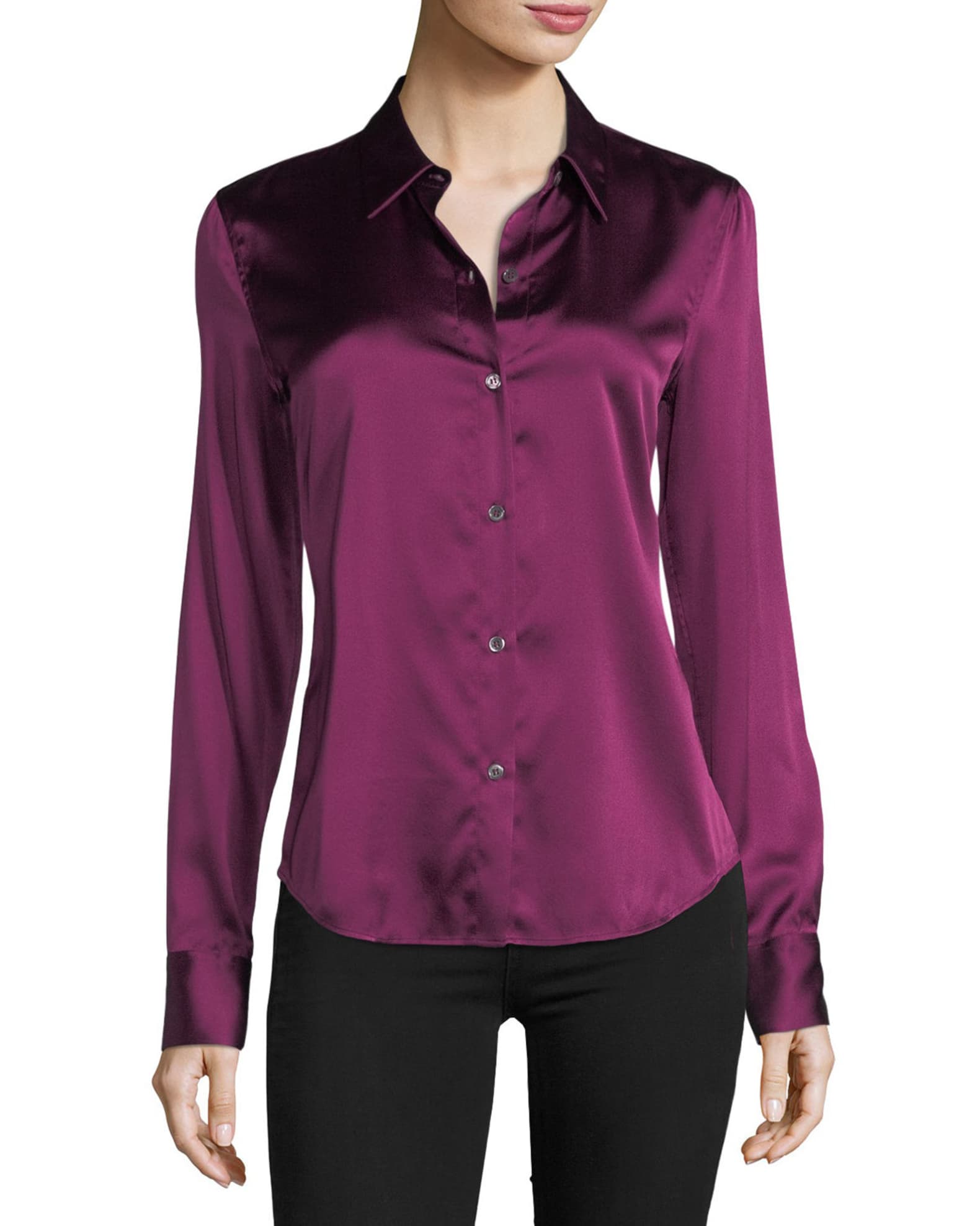 Theory Perfect Fitted Button-Front Stretch-Satin Shirt | Neiman Marcus