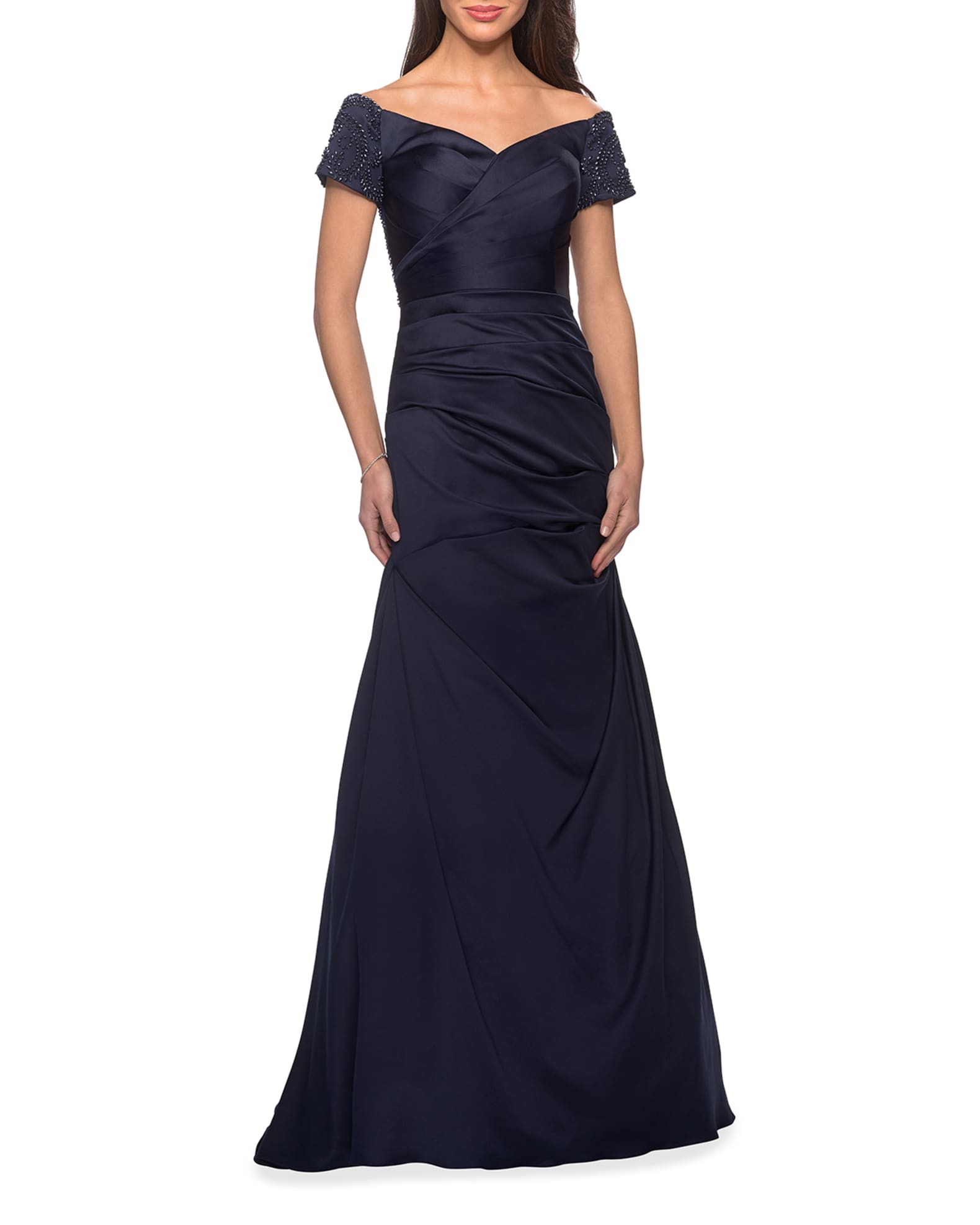 la femme beaded lace ruched gown