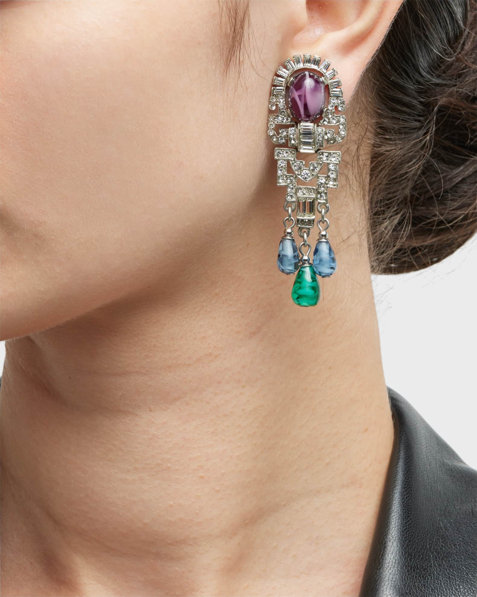Silver Crystal Oval Topa and Emerald Sapphire Drop Clip-On Earrings 1