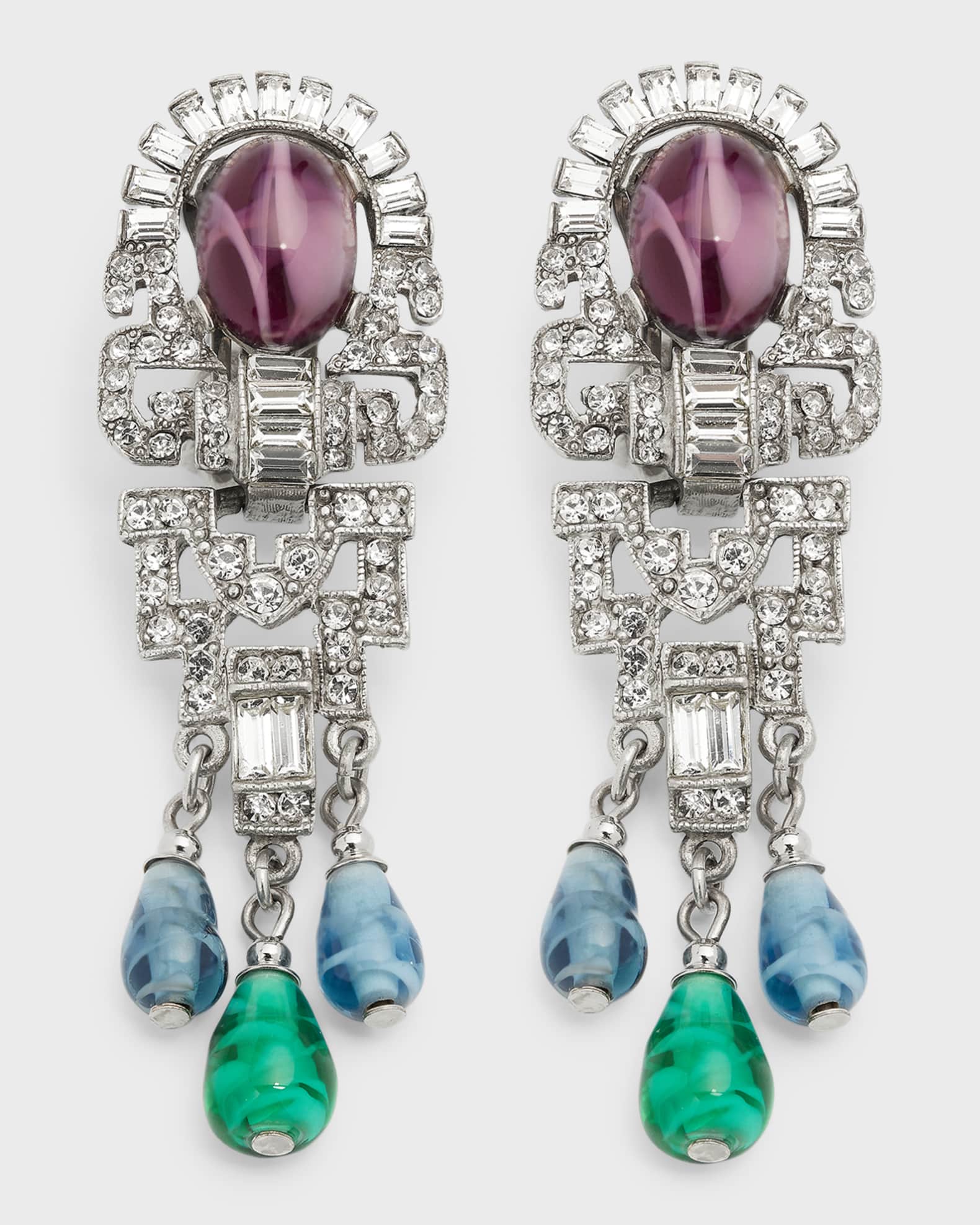 Silver Crystal Oval Topa and Emerald Sapphire Drop Clip-On Earrings 0