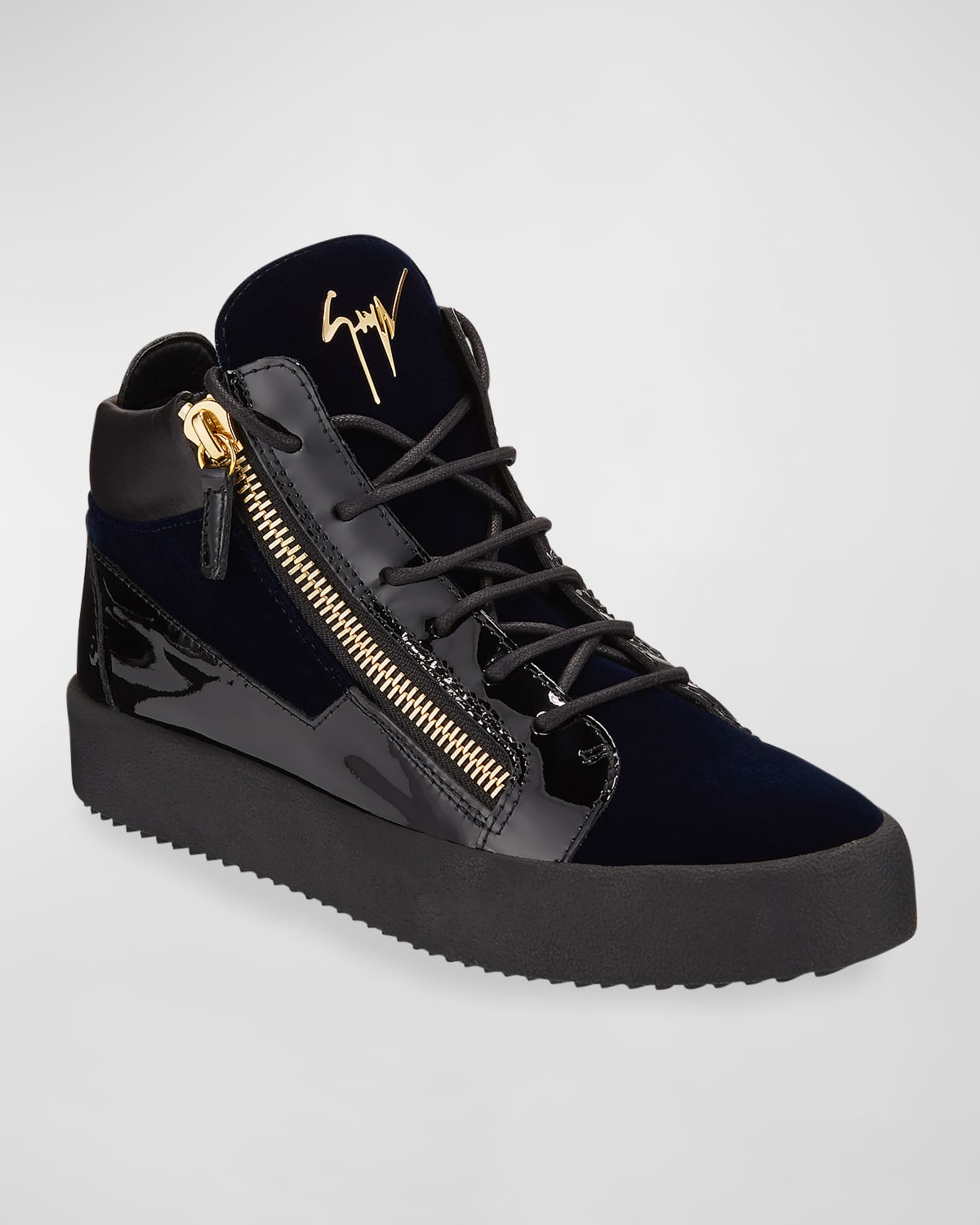 Giuseppe Zanotti Men's Velvet Patent Leather Mid-Top Sneakers | Neiman ...