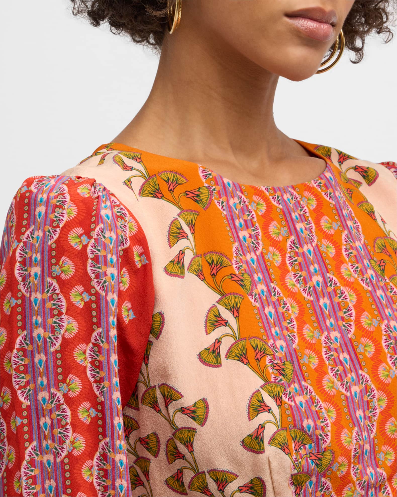 Saloni Vera Mixed Print Flounce Midi Dress Neiman Marcus