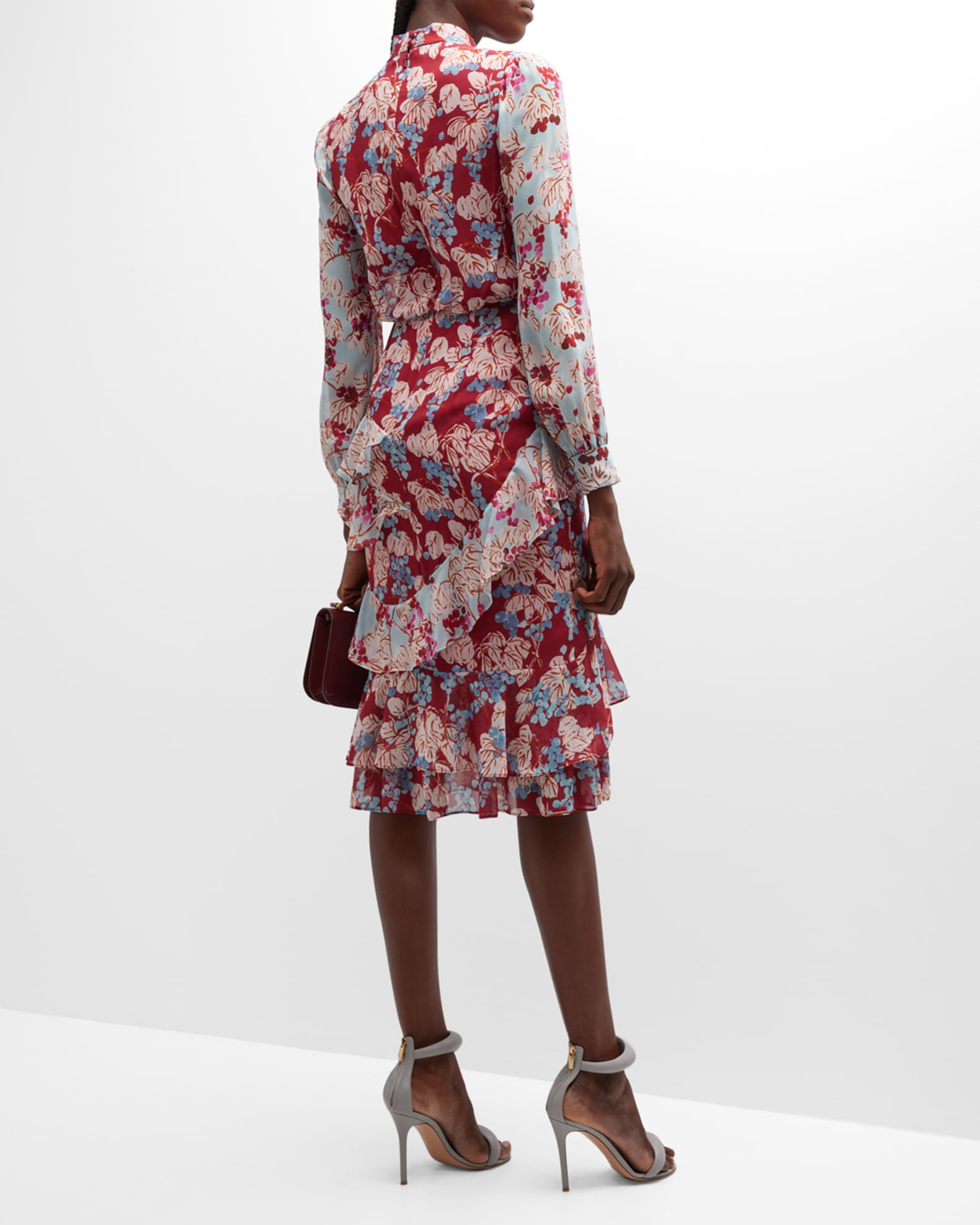 Saloni Isa Mock-Neck Floral-Print Silk Midi Dress | Neiman Marcus