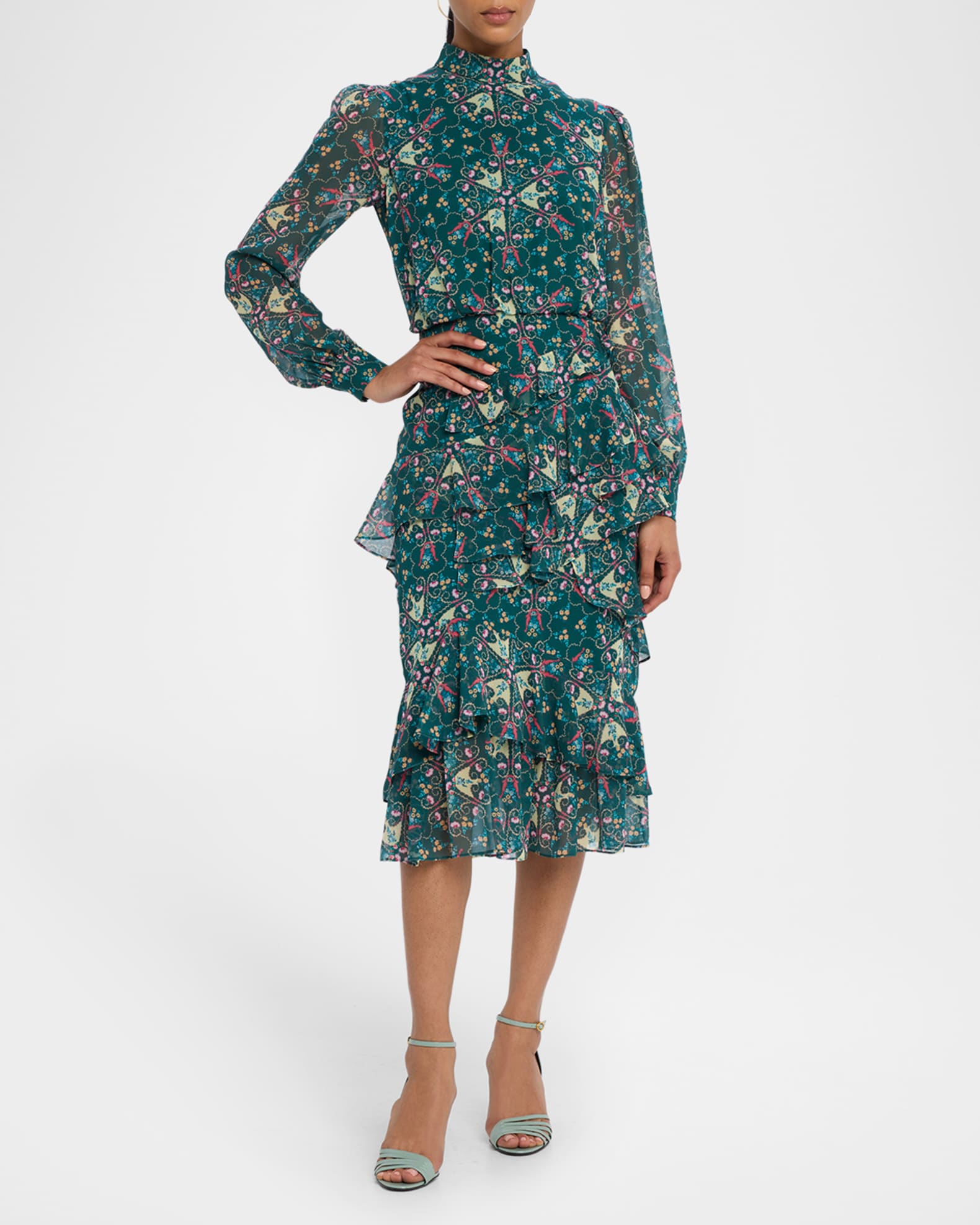 【SALONI】isa ruffled プリント silk-ette ミディ ドレス Isa Ruffle Dress in Mist Blue – SALONI