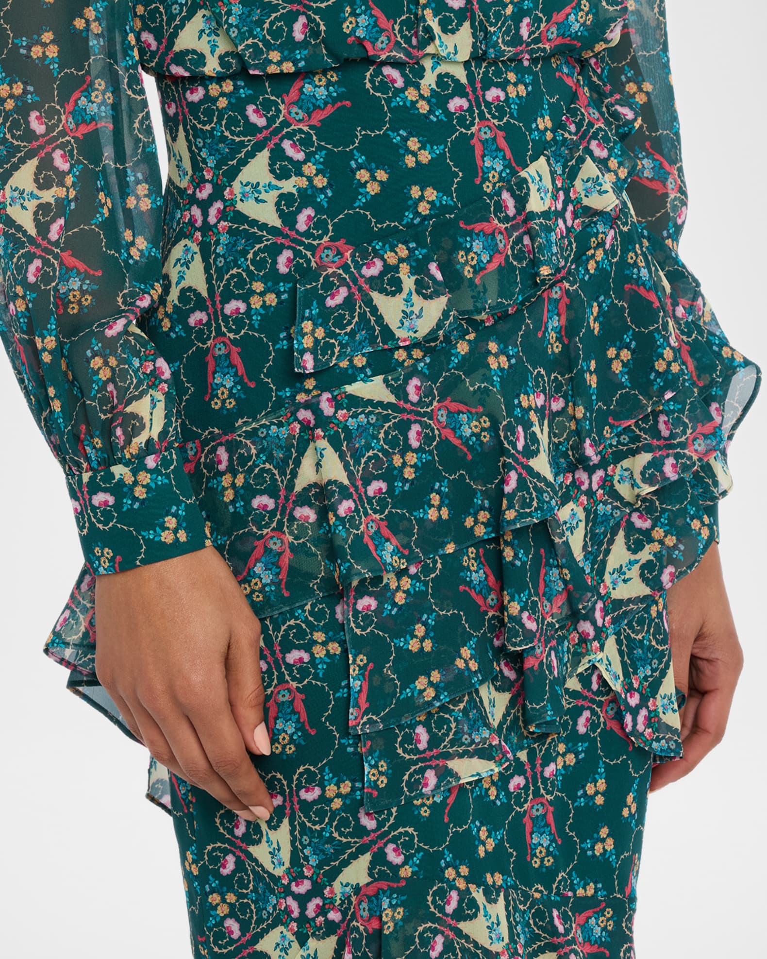 Saloni Isa Mock-Neck Floral-Print Silk Midi Dress | Neiman