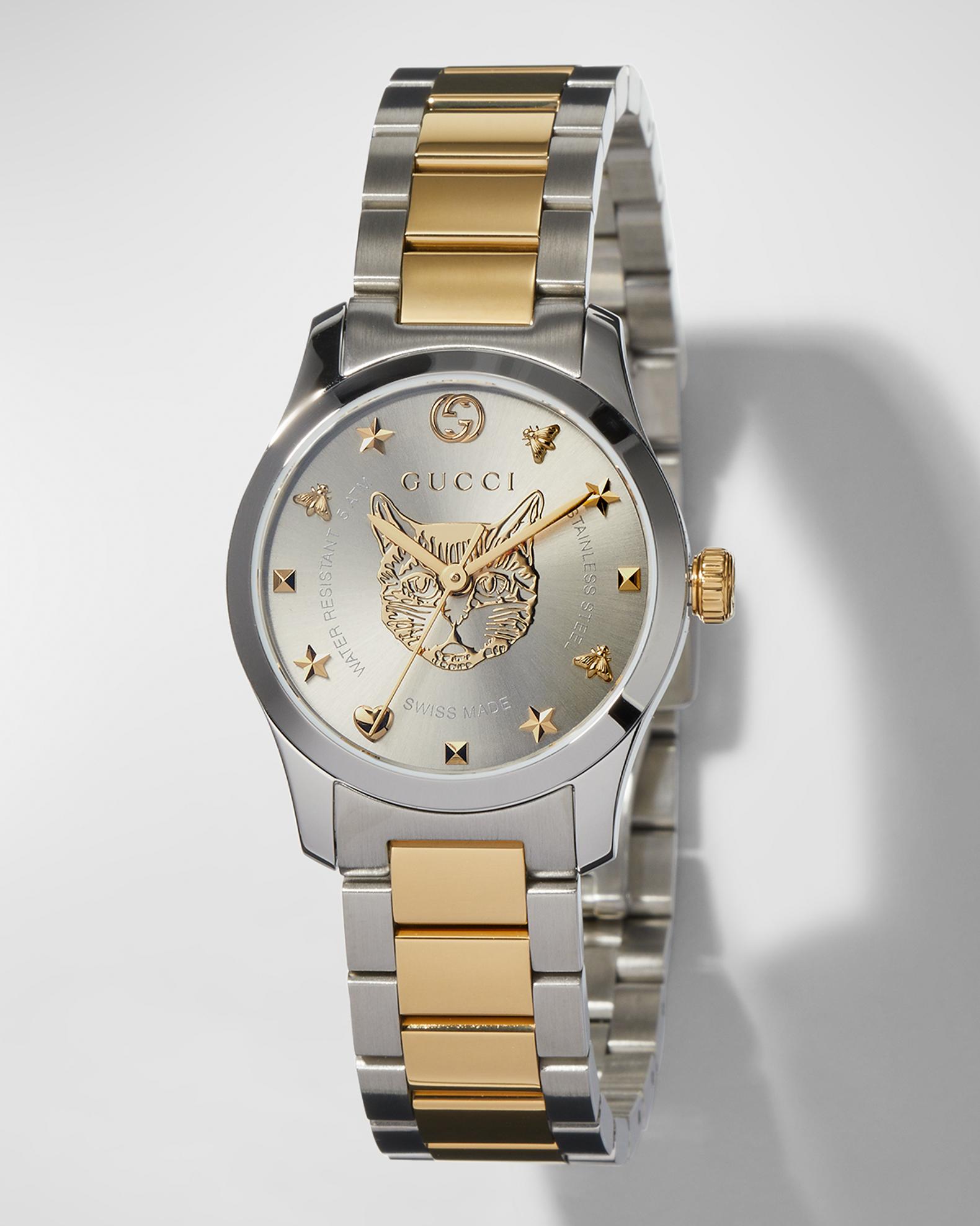 Gucci 27mm G-Timeless Bracelet Watch w/ Feline Motif, Two-Tone | Neiman ...