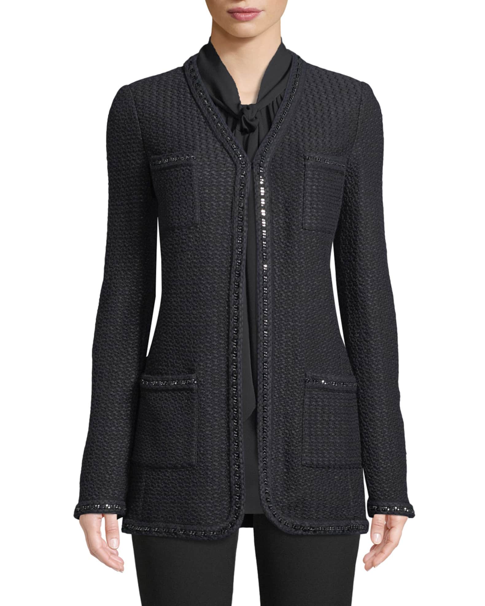 Adina Knit 4-Pocket Blazer Jacket with Chain Braid Trim 0