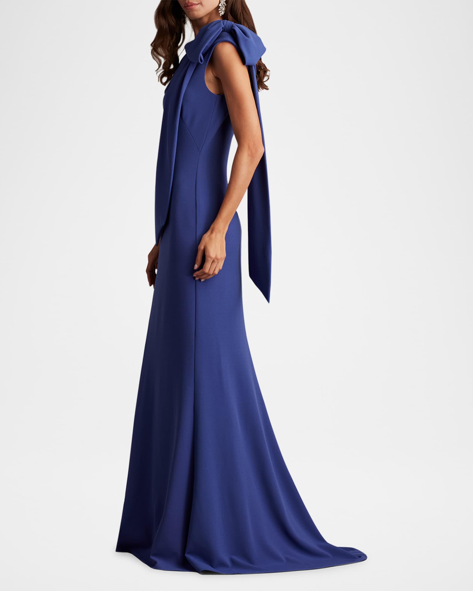 Tadashi Shoji Cassia Colorblock Bow-Shoulder Crepe Gown | Neiman