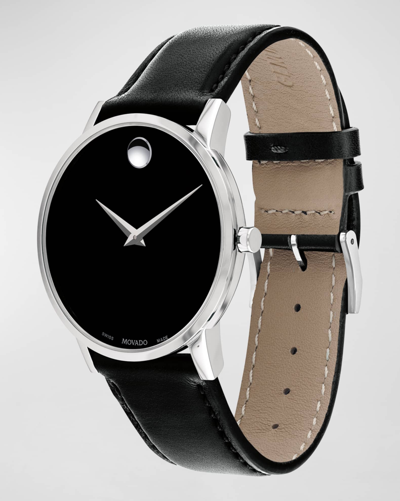 Movado Men s 40mm Ultra Slim Watch with Leather Strap Black Museum Dial Neiman Marcus