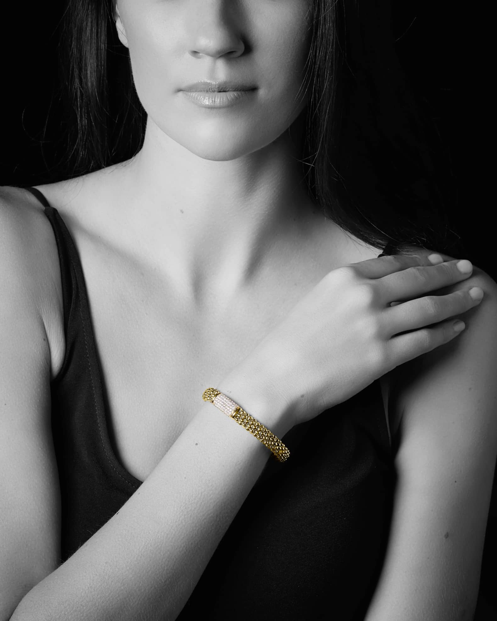 LAGOS 18k Caviar Gold Rope Bracelet w/ 17mm Diamond Plate Neiman Marcus