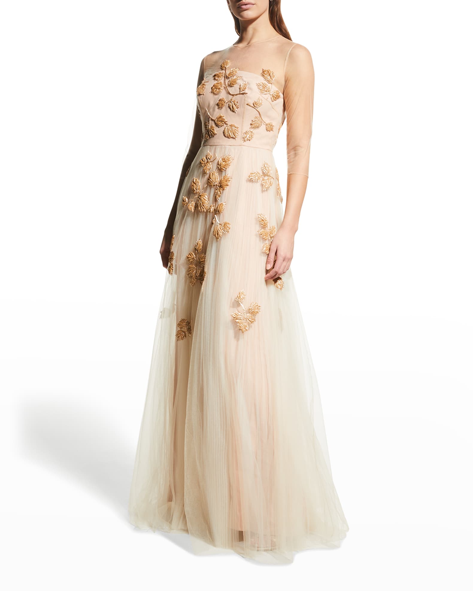 Bead-Embroidered Tulle Illusion Gown