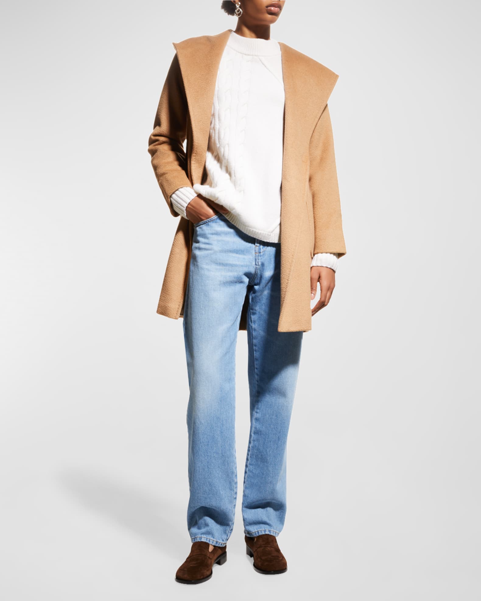 Rialto Camel Hair Belted Short Hooded Coat